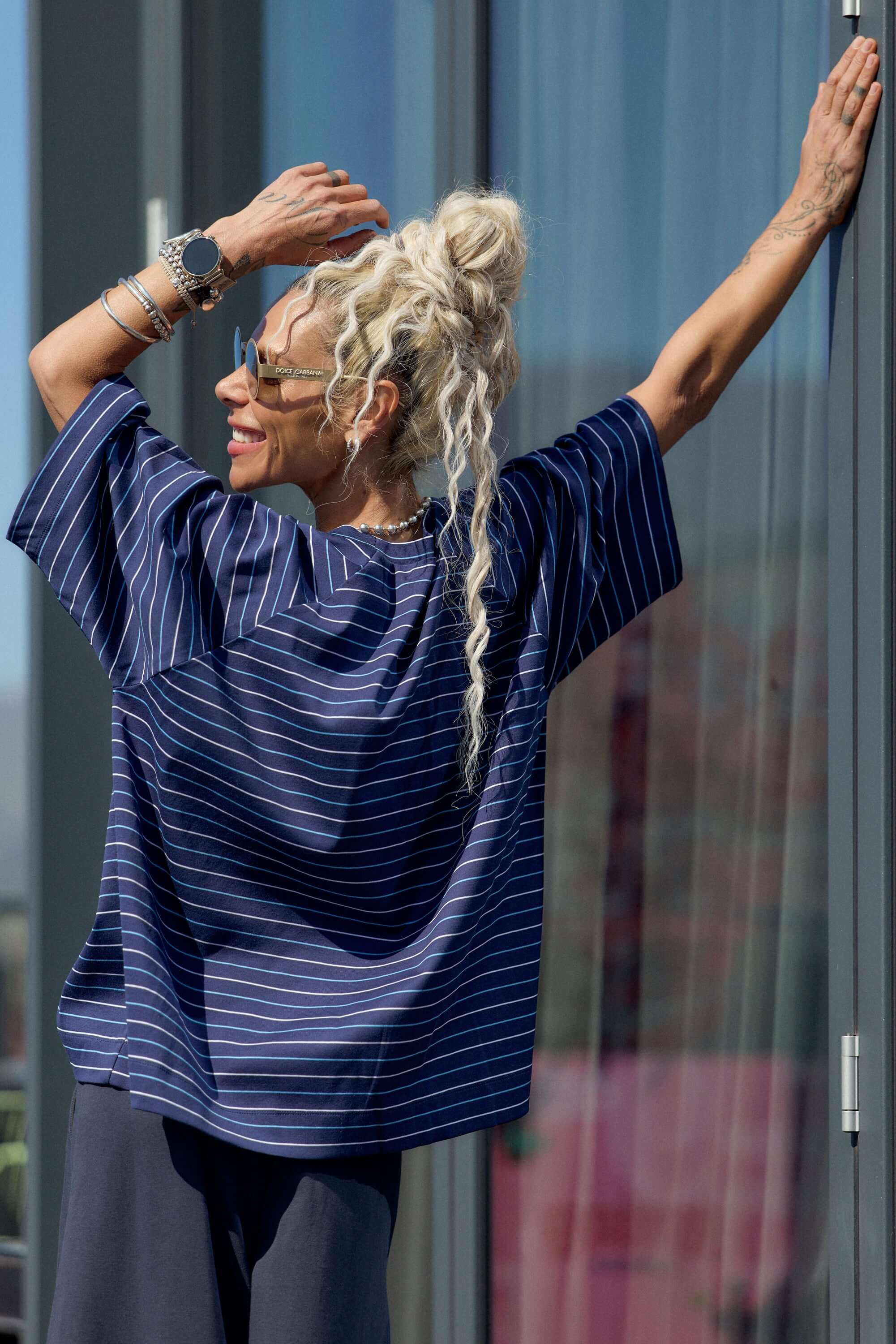 Oversized Striped Set featuring a relaxed top with bold stripes, perfect for a contemporary street style look.