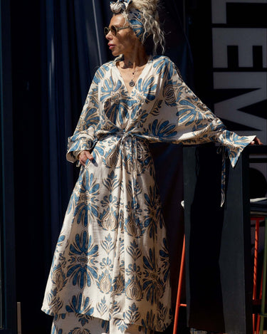 Model showcasing the Bohemian Print Two-Piece Co-ord Set with oversized sleeves and flowing kimono-style top.