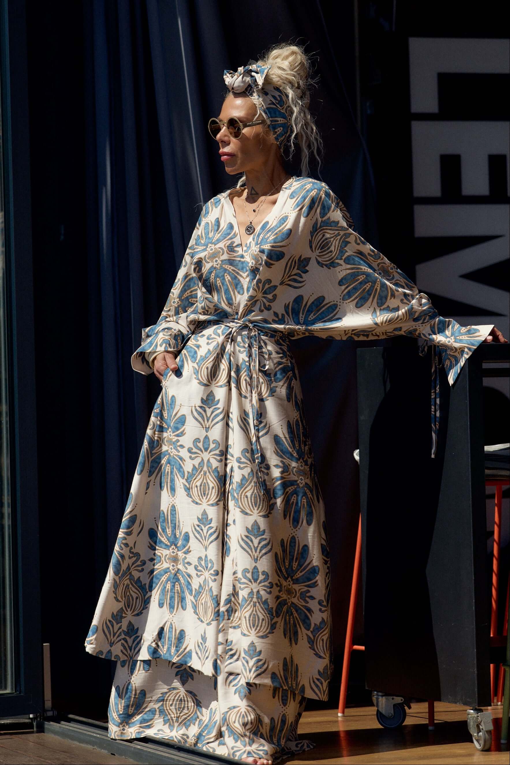 Bohemian Print Two-Piece Co-ord Set featuring flowing kimono top and palazzo trousers in bold ornamental print.