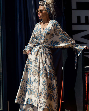 Bohemian Print Two-Piece Co-ord Set featuring flowing kimono top and palazzo trousers in bold ornamental print.