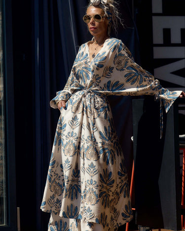 Model showcasing the Bohemian Print Two-Piece Co-ord Set with flowing kimono top and palazzo trousers in a bold print.