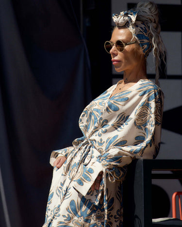 Bohemian Print Two-Piece Co-ord Set featuring a flowing kimono-style top and oversized sunglasses.