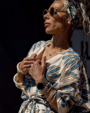 Bohemian Print Two-Piece Co-ord Set model wearing sunglasses and jewelry, featuring an elegant flowing kimono-style wrap.