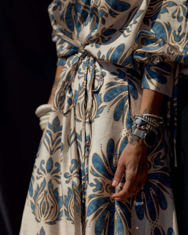 Bohemian Print Two-Piece Co-ord Set showcasing a flowing kimono-style wrap top and wide palazzo trousers with ornamental print.