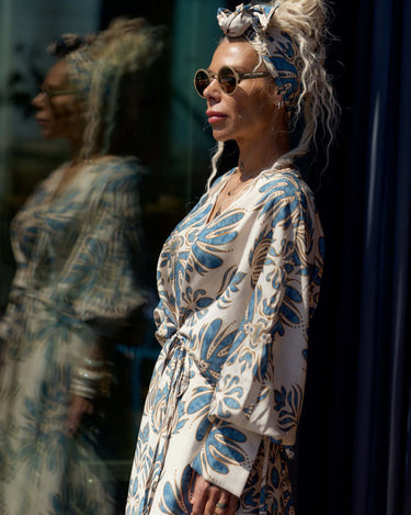 Bohemian Print Two-Piece Co-ord Set model wearing flowing kimono and palazzo trousers in bold ornamental print.