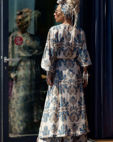 Model wearing a Bohemian Print Two-Piece Co-ord Set, showcasing the flowing kimono-style top and palazzo trousers.