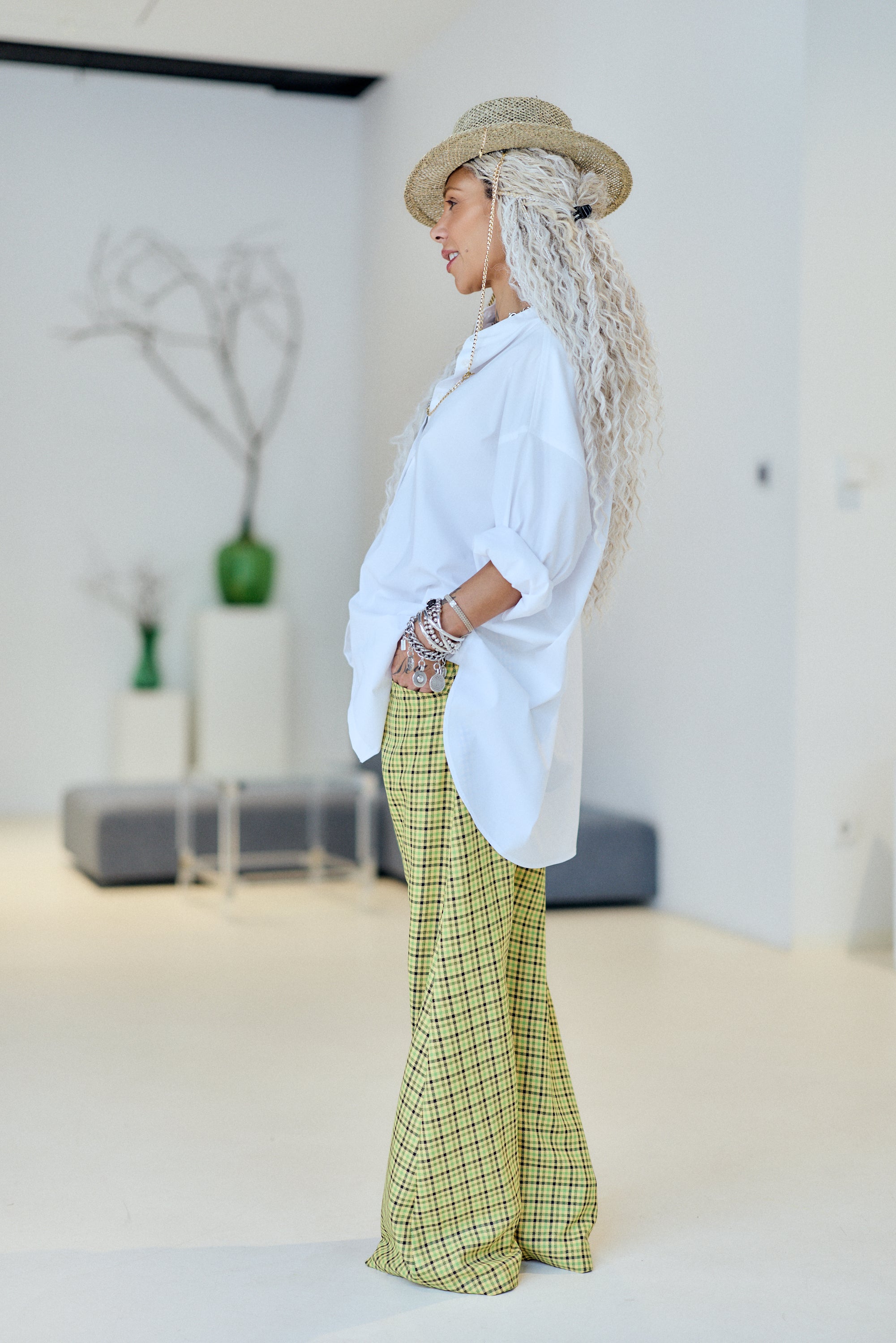 Yellow & Green Plaid Wide-Leg Drop-Crotch Pants