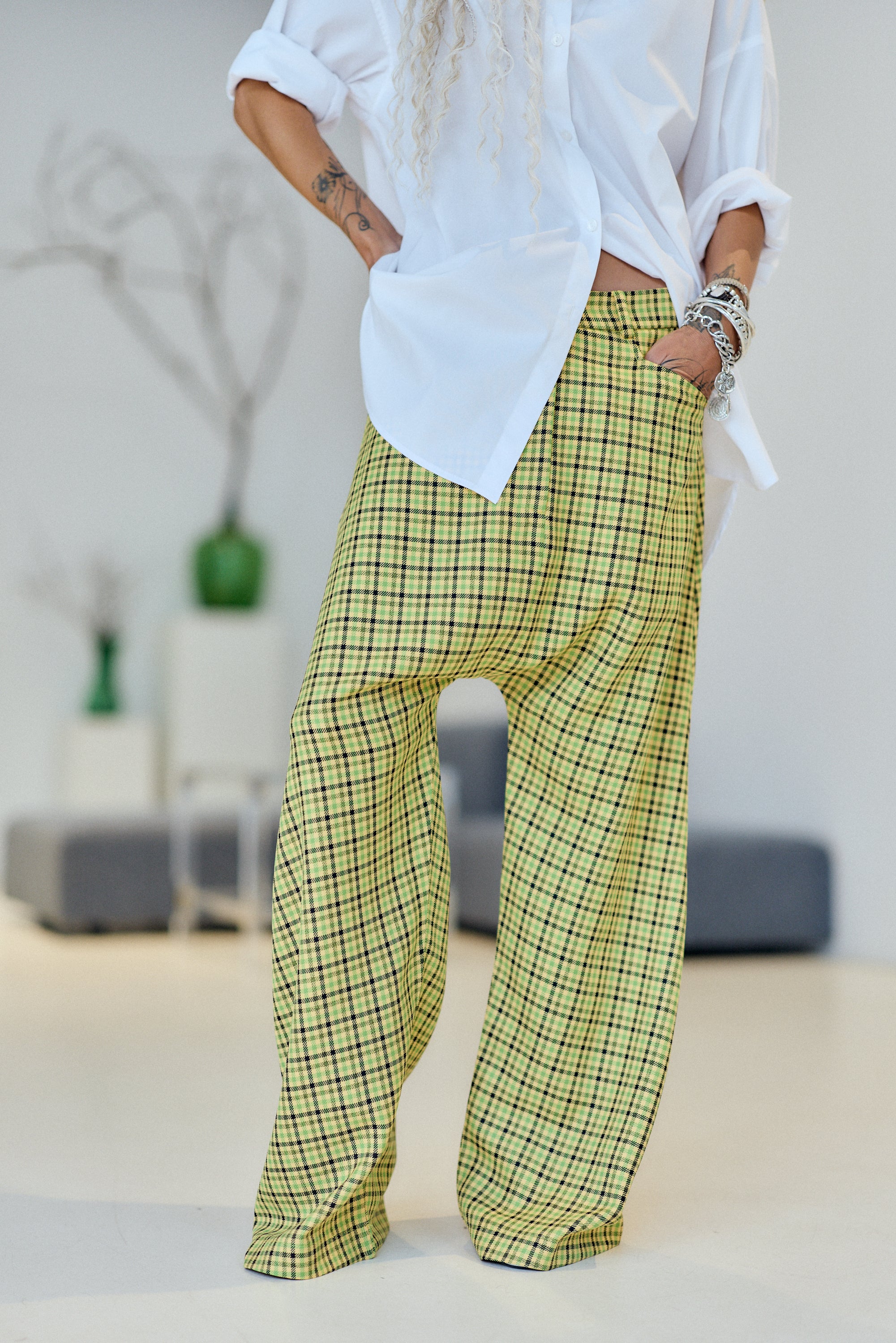 Yellow & Green Plaid Wide-Leg Drop-Crotch Pants