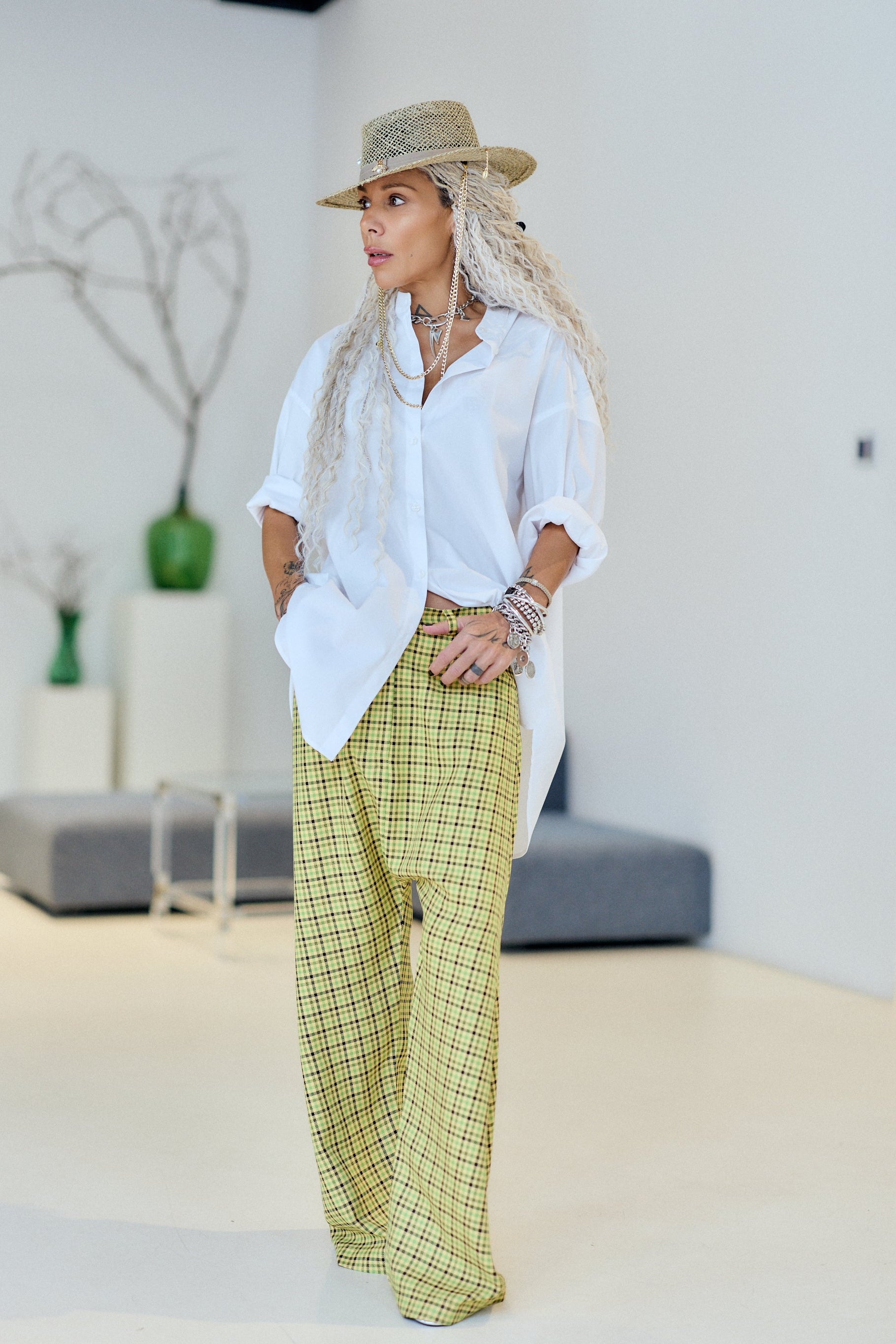 Yellow & Green Plaid Wide-Leg Drop-Crotch Pants