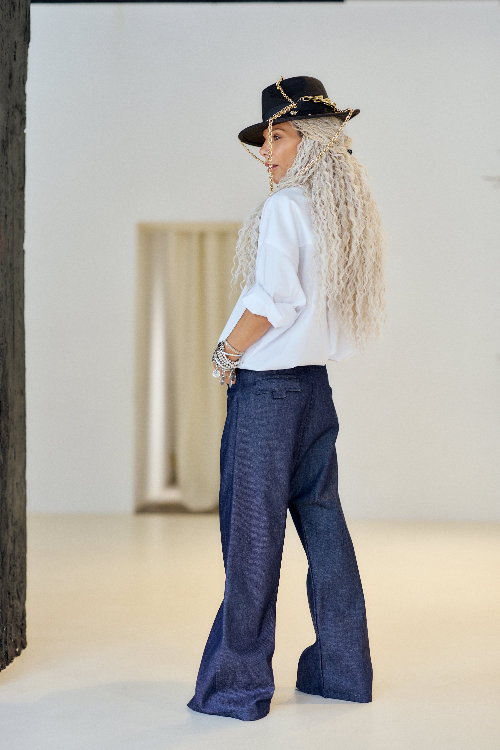 Denim Wide-Leg Drop-Crotch Pants