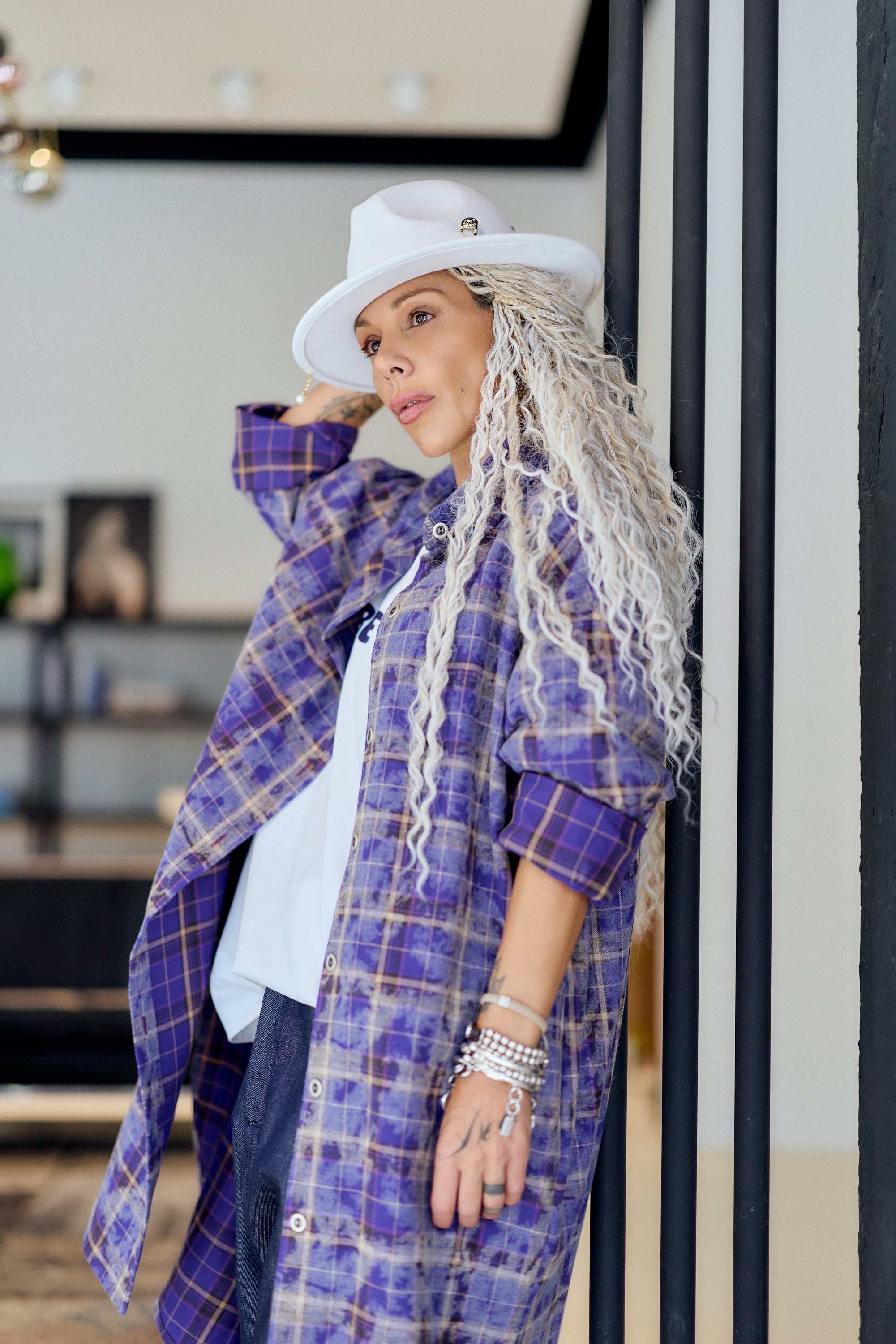 Purple Plaid Oversized Longline Shirt
