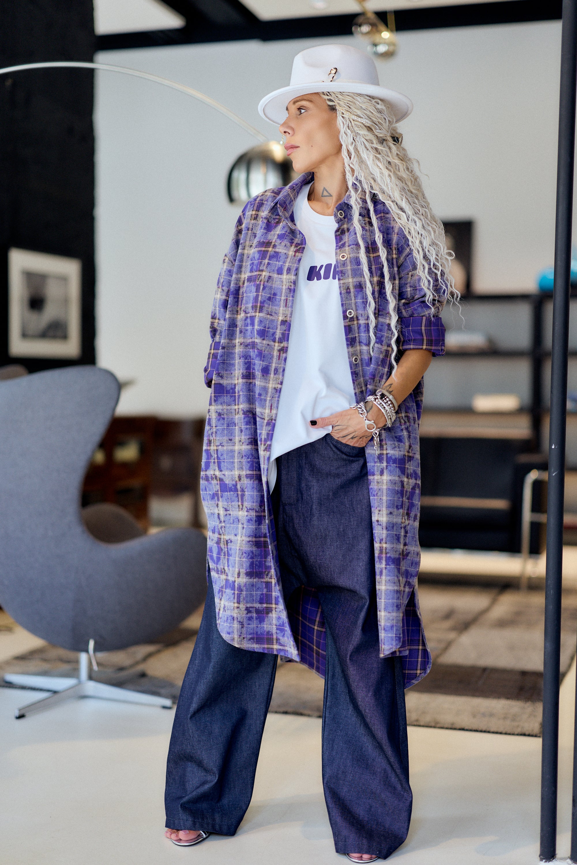 Purple Plaid Oversized Longline Shirt