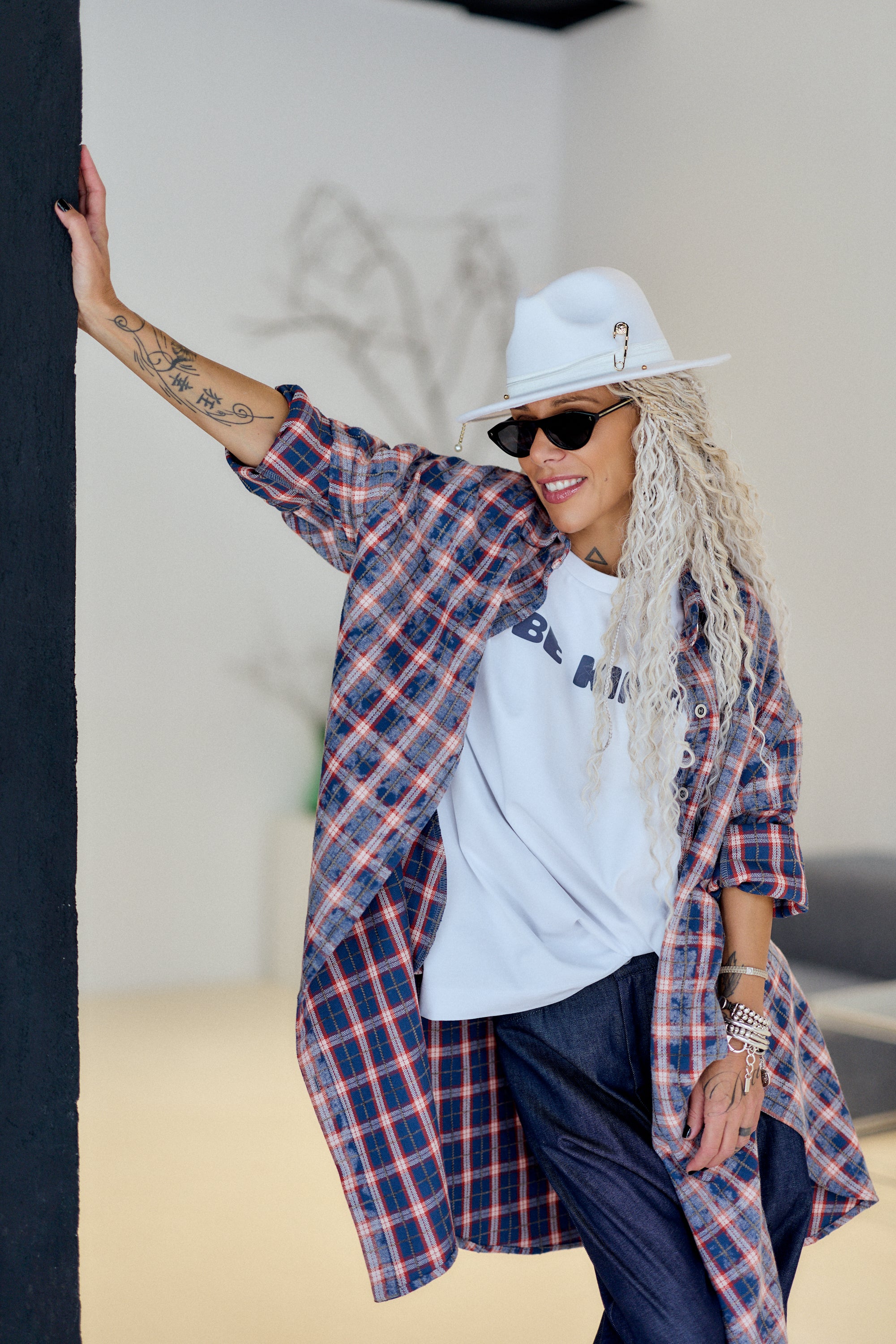 Blue Plaid Oversized Longline Shirt