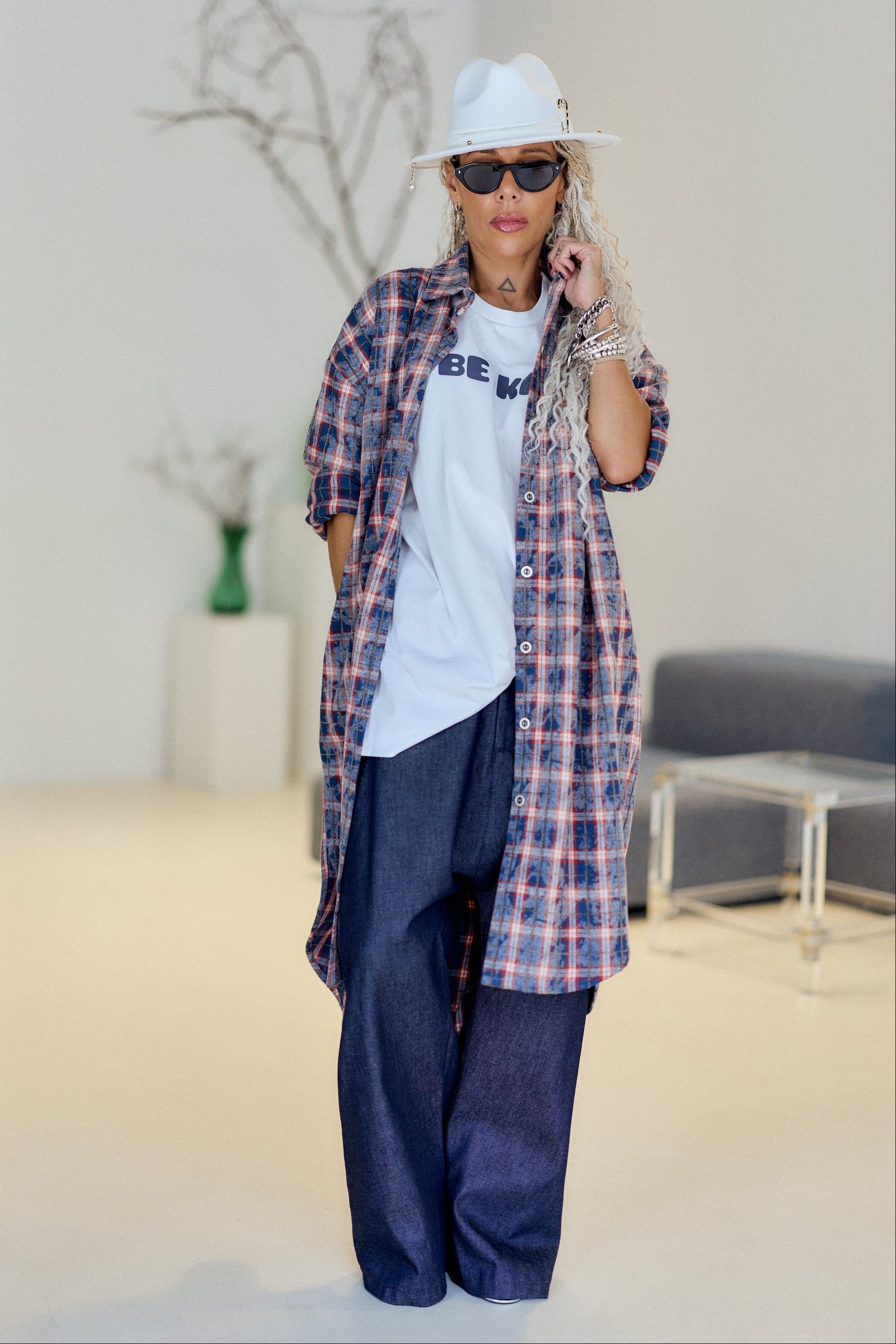Blue Plaid Oversized Longline Shirt