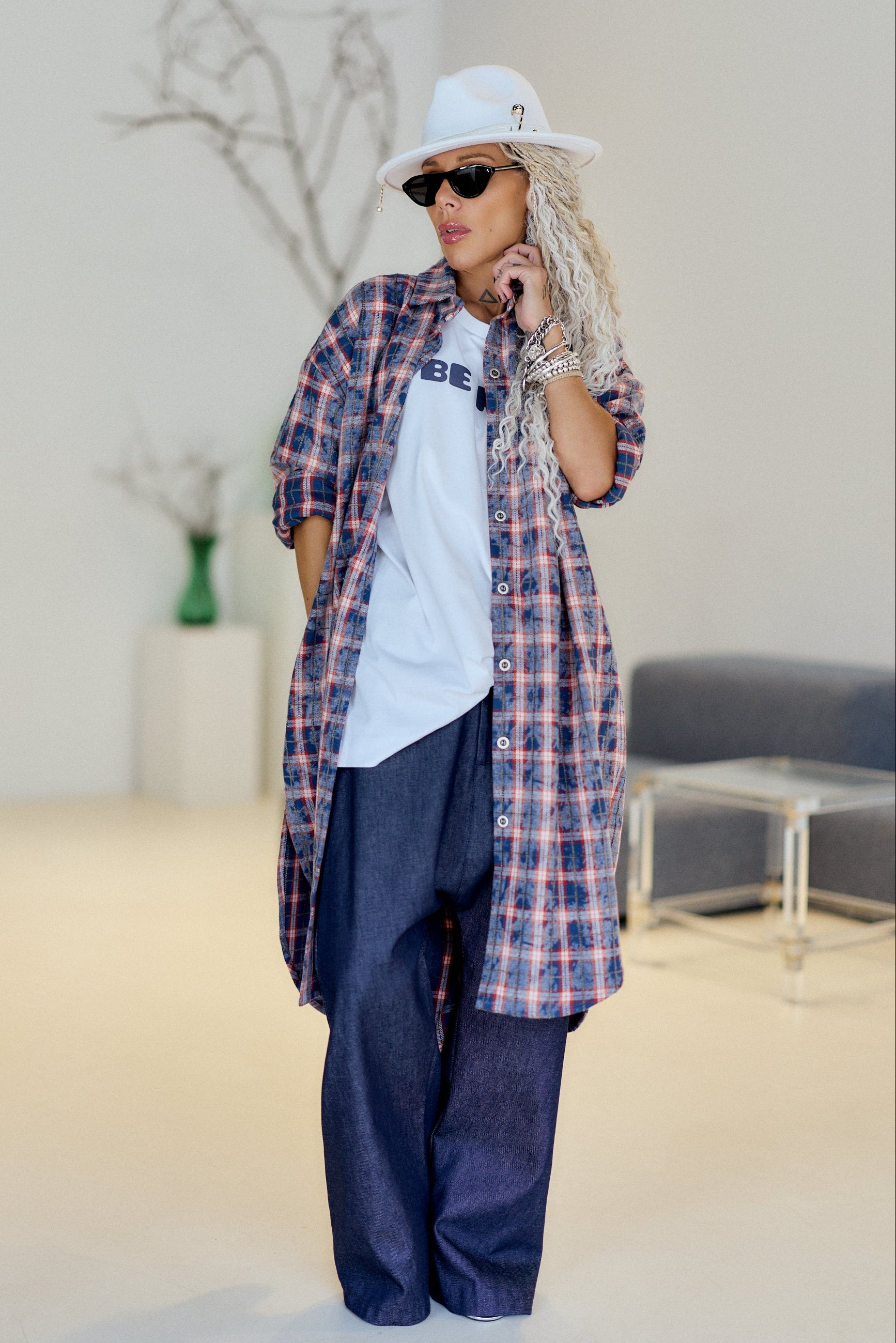 Blue Plaid Oversized Longline Shirt
