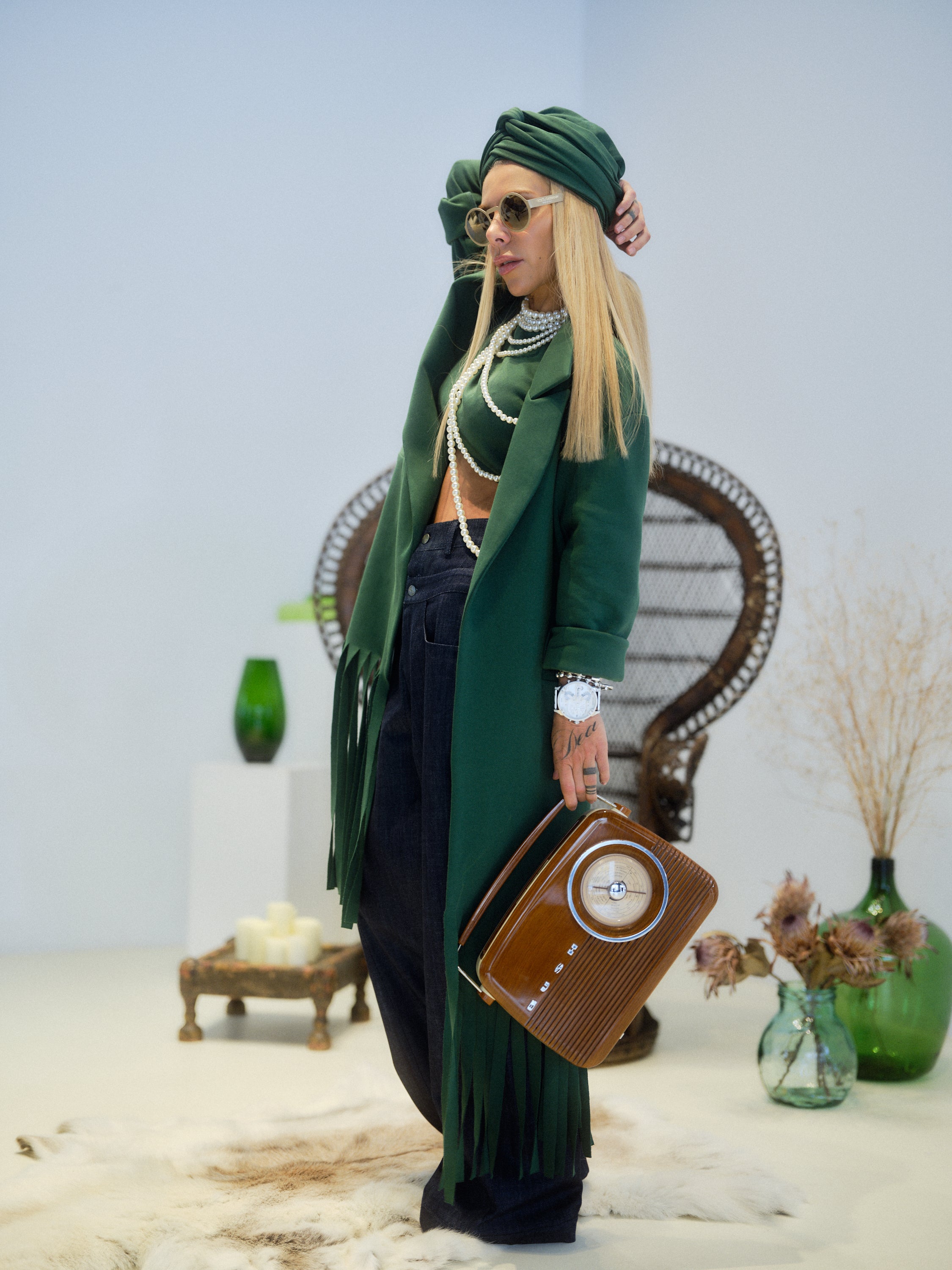 Green Long Coat with Fringe Detail