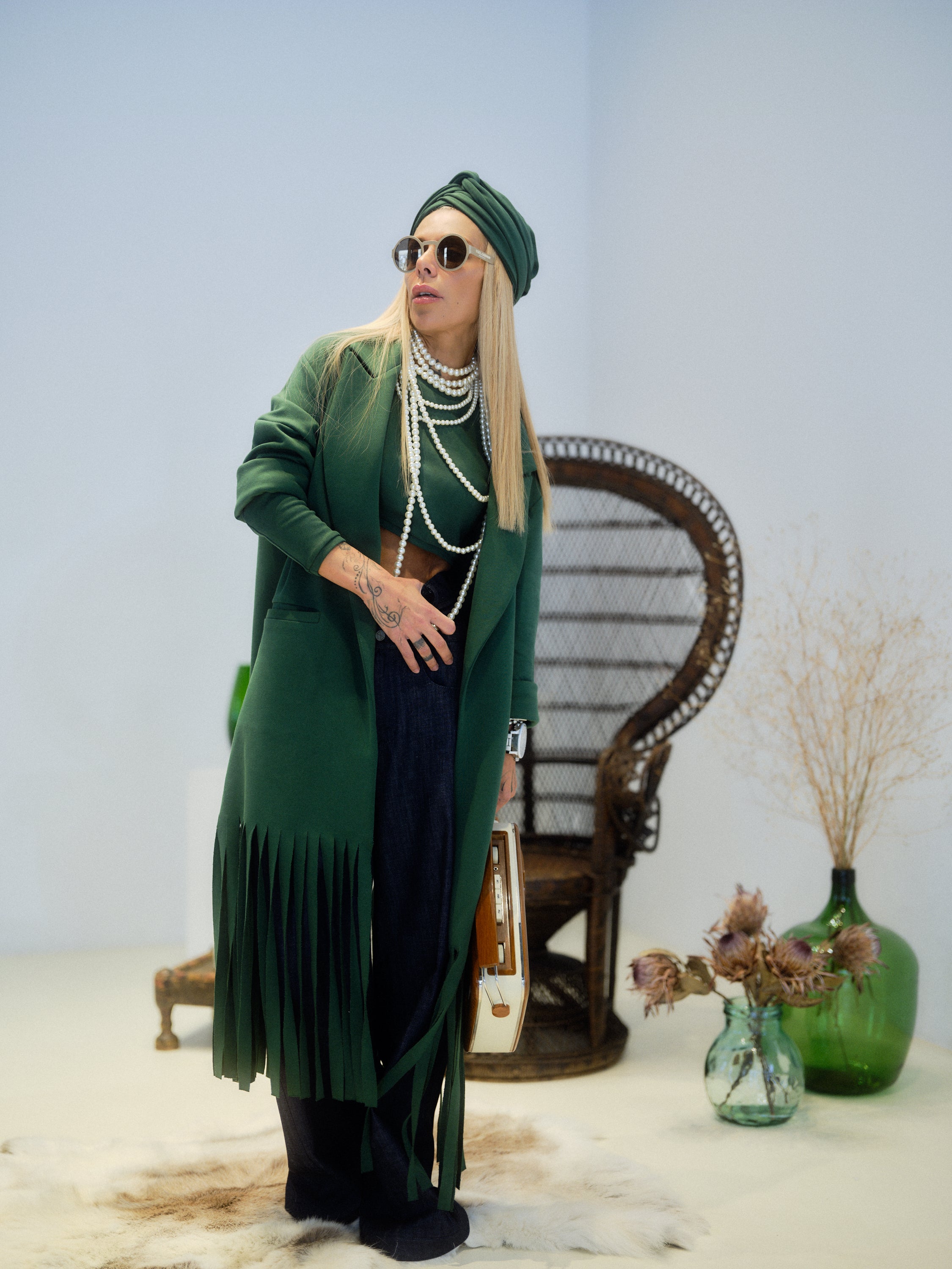 Green Long Coat with Fringe Detail