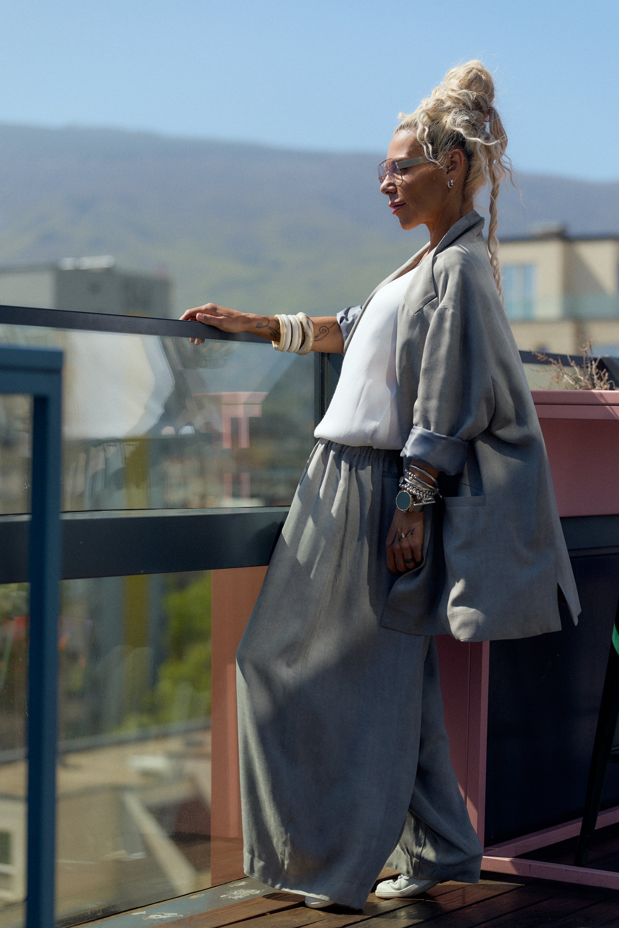 Grey Flow Wide-Leg Pants