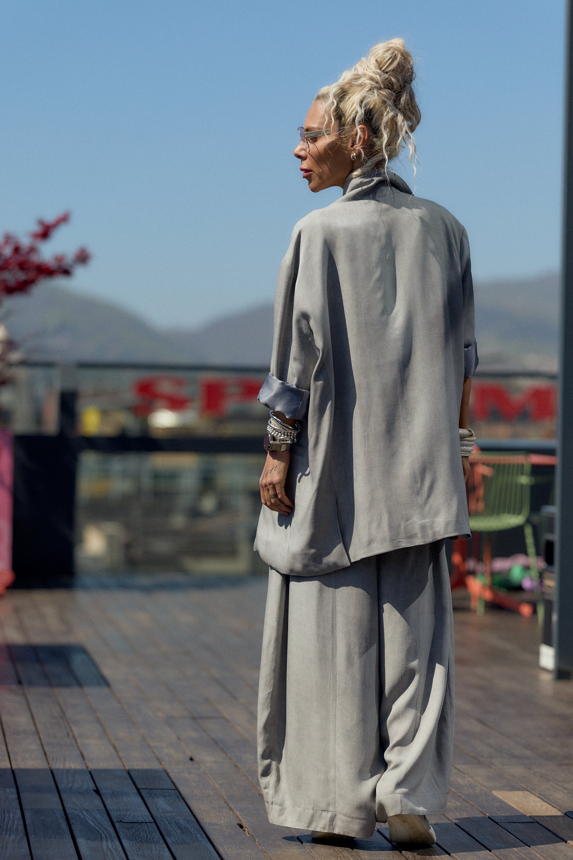 Grey Flow Wide-Leg Pants