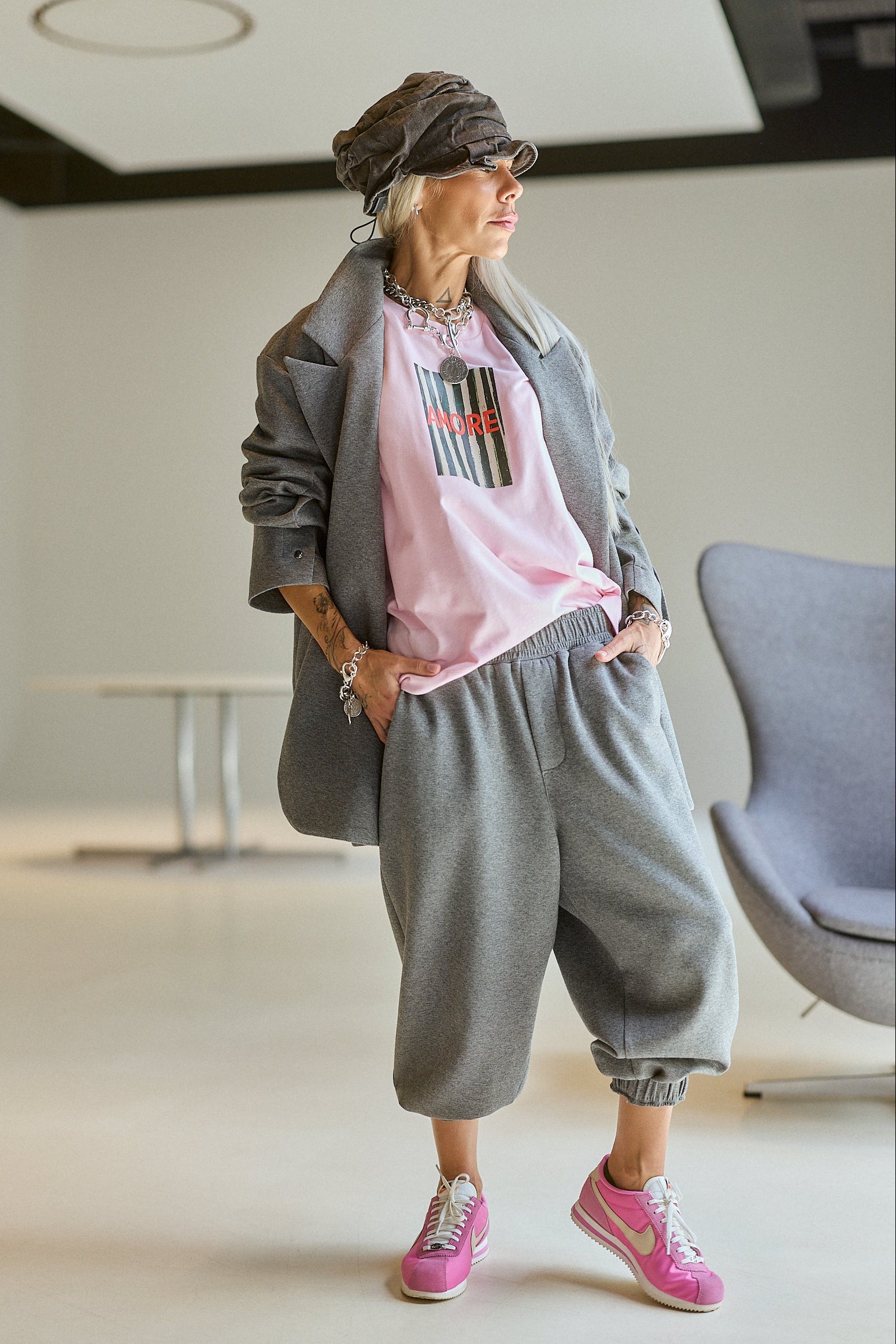 Grey Oversized High-Collar Blazer