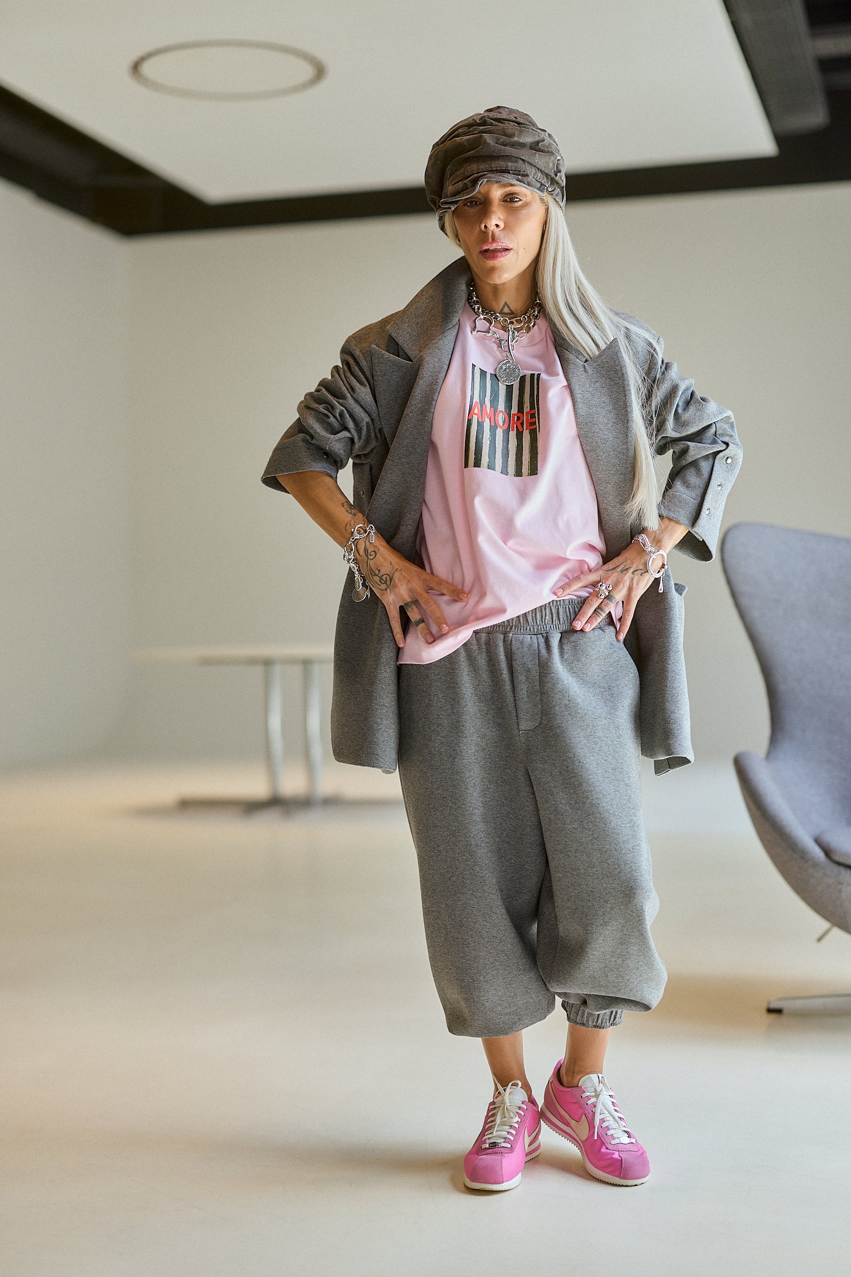 Grey Oversized High-Collar Blazer