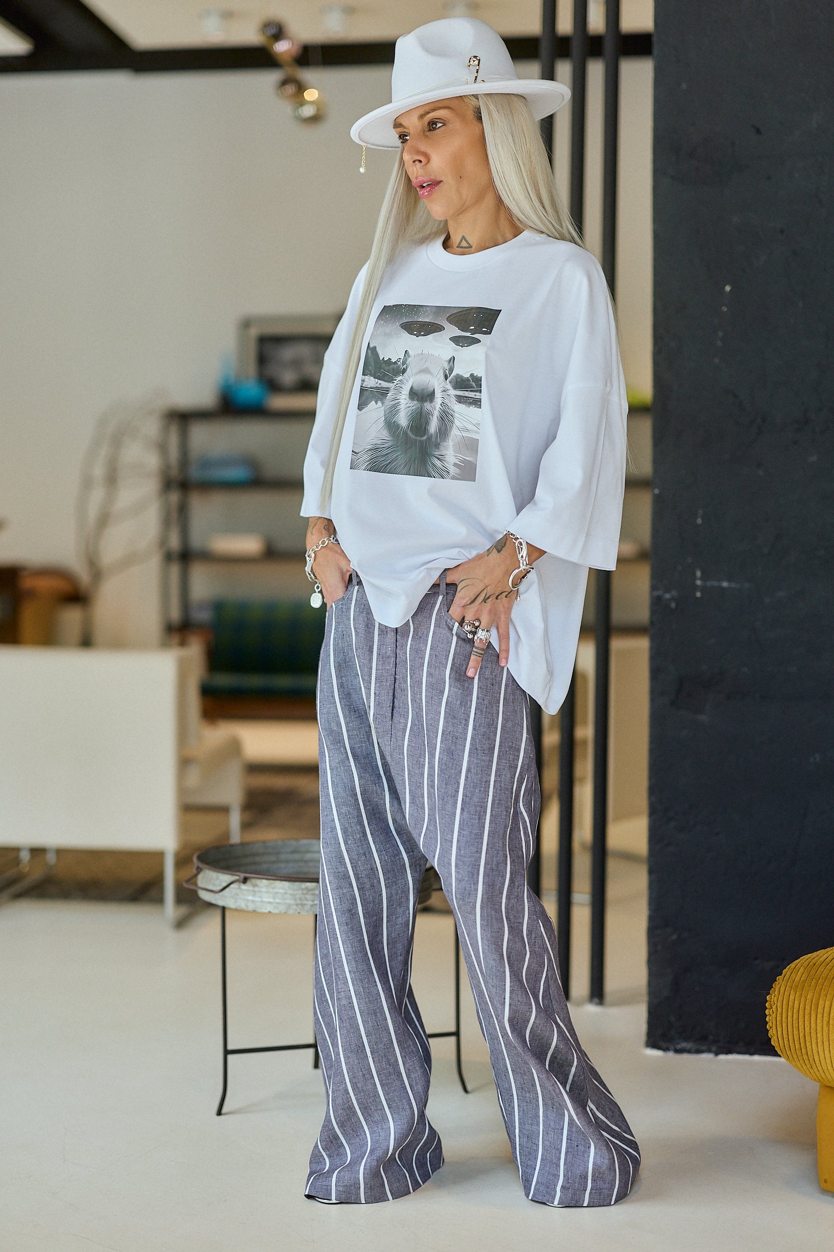 Grey Pinstripe Wide-Leg Linen Blend Pants