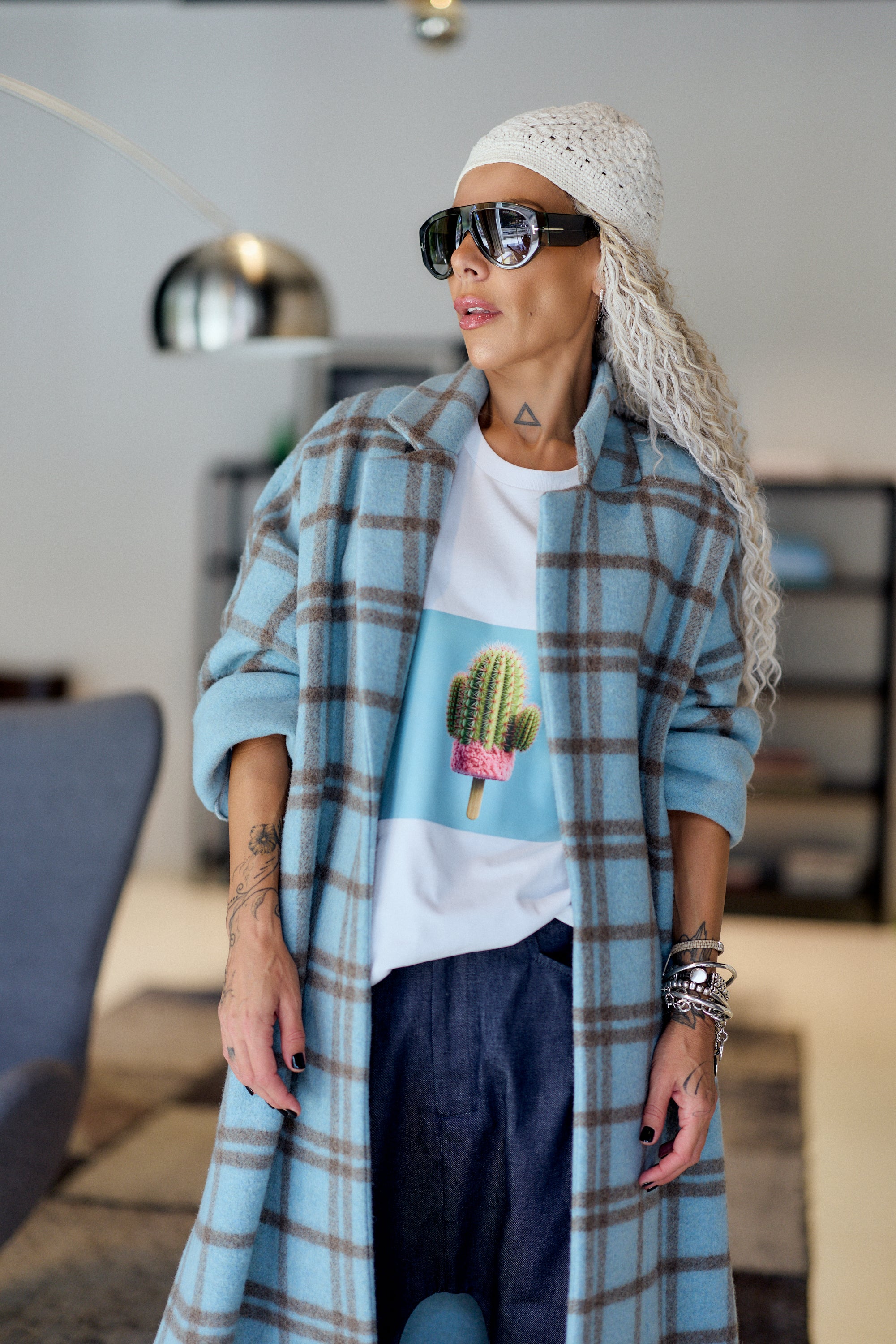 Light Blue Plaid Oversized Long Coat