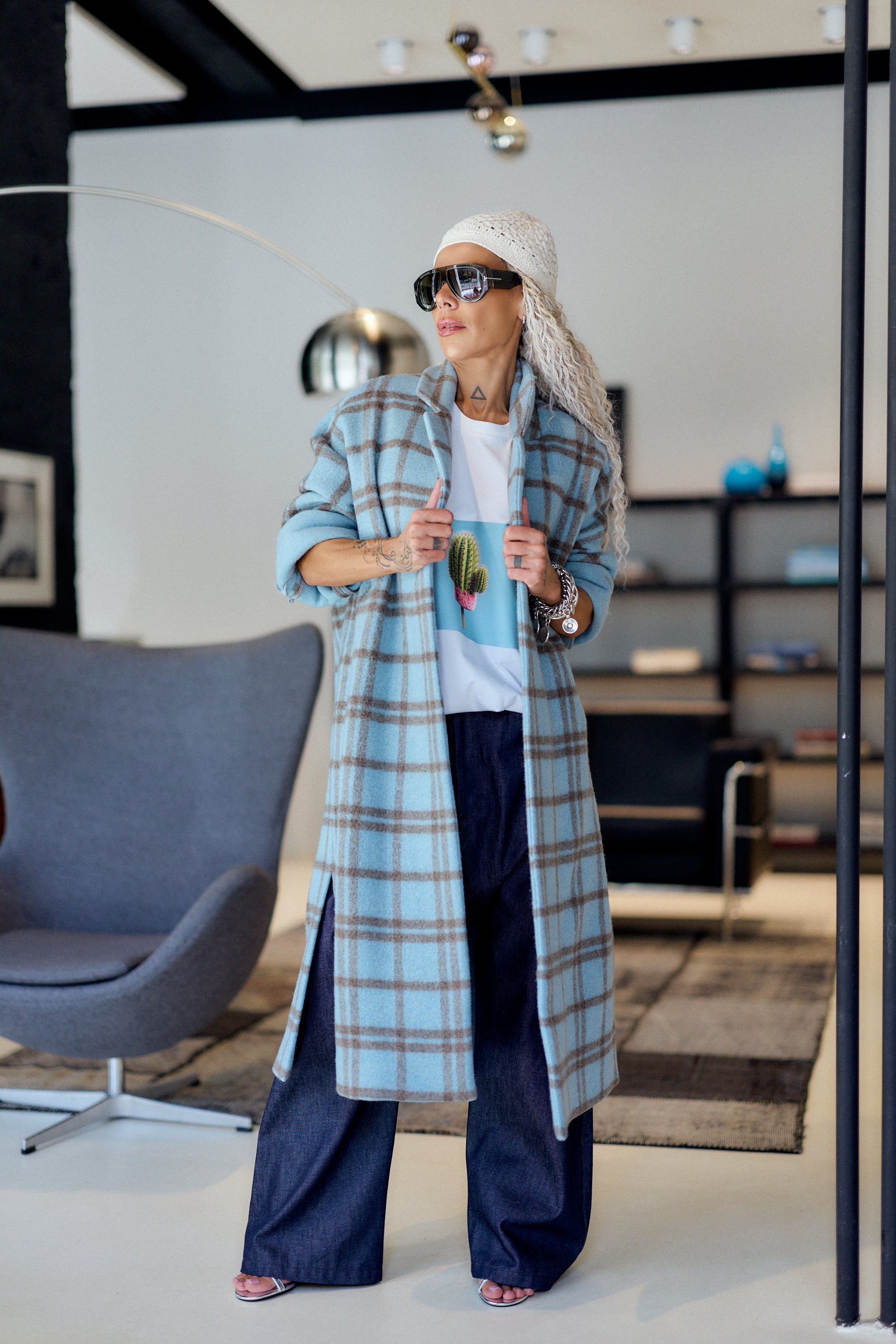 Light Blue Plaid Oversized Long Coat