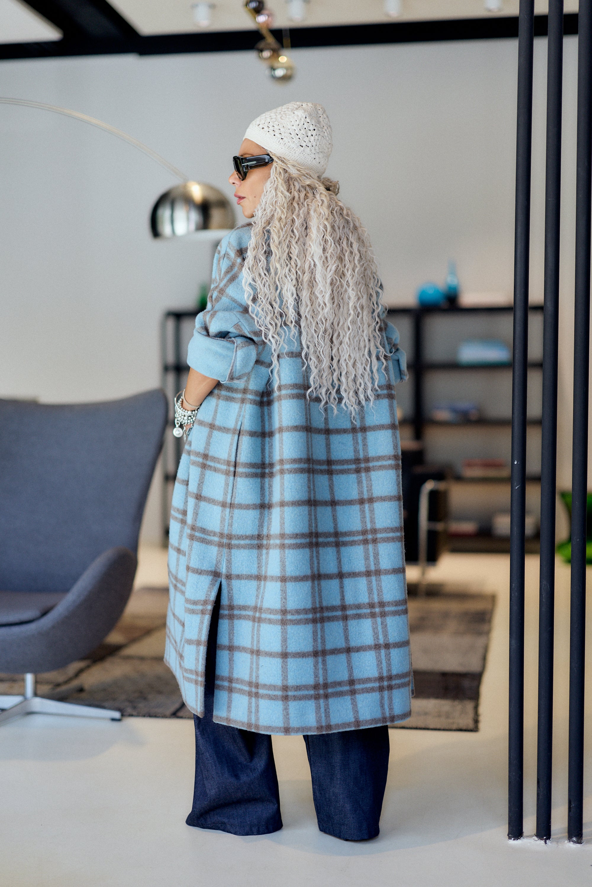 Light Blue Plaid Oversized Long Coat