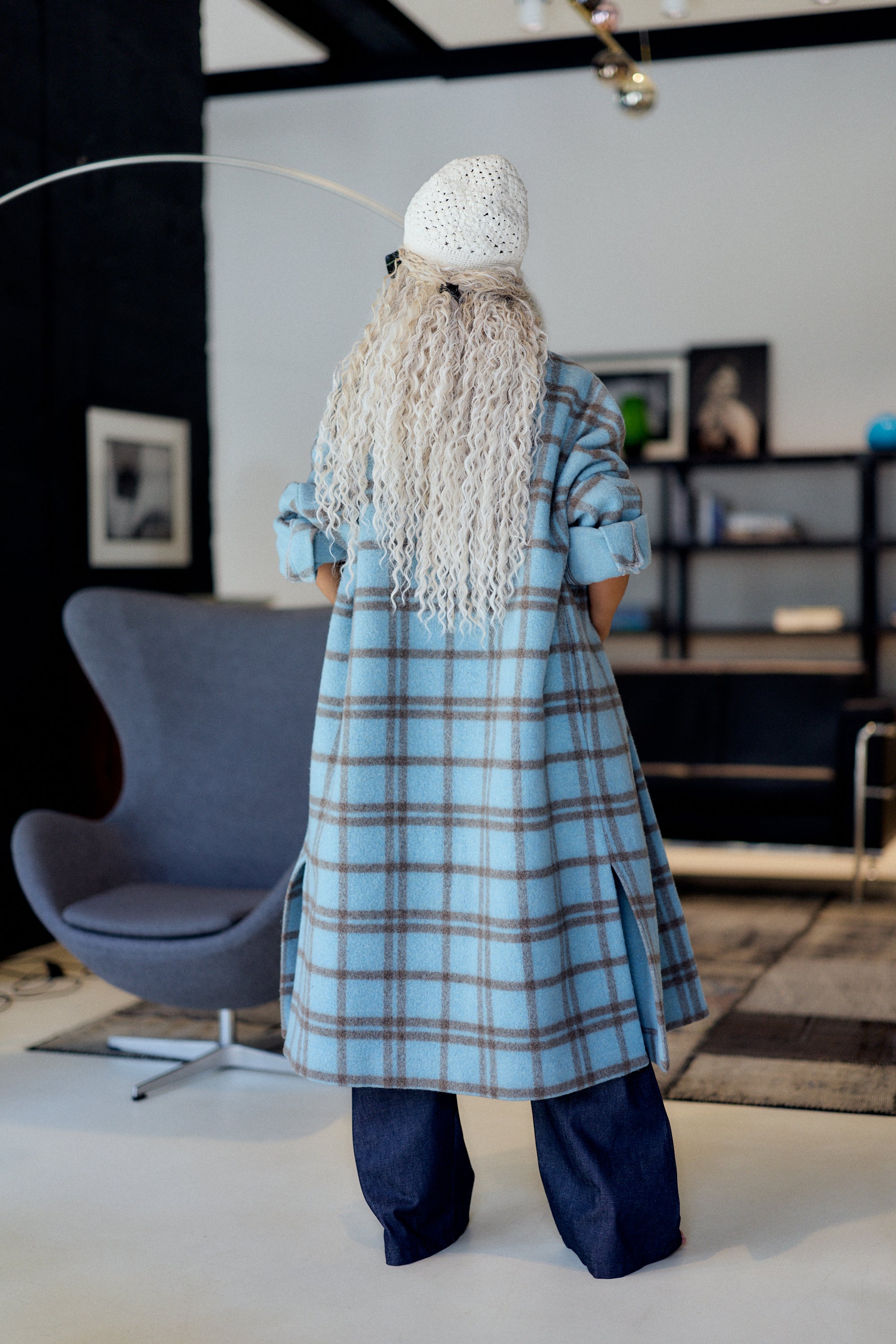 Light Blue Plaid Oversized Long Coat