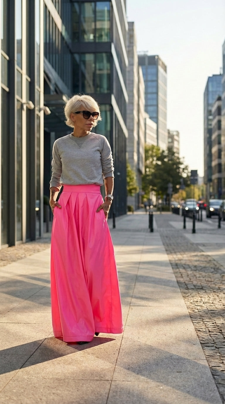 High-Waisted Neon Pink Maxi Skirt with Elastic Waistband
