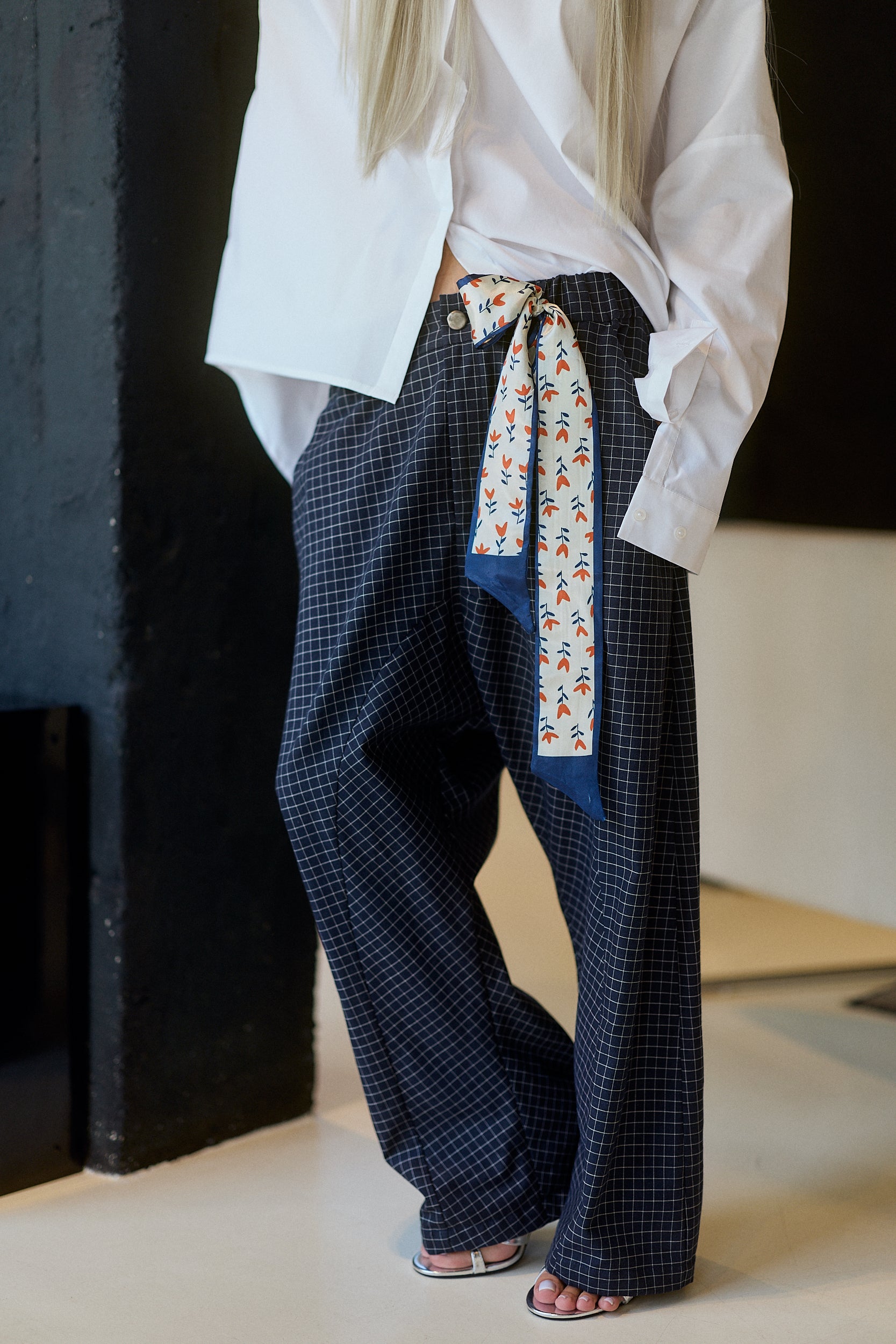 Navy Check Wide-Leg Pants