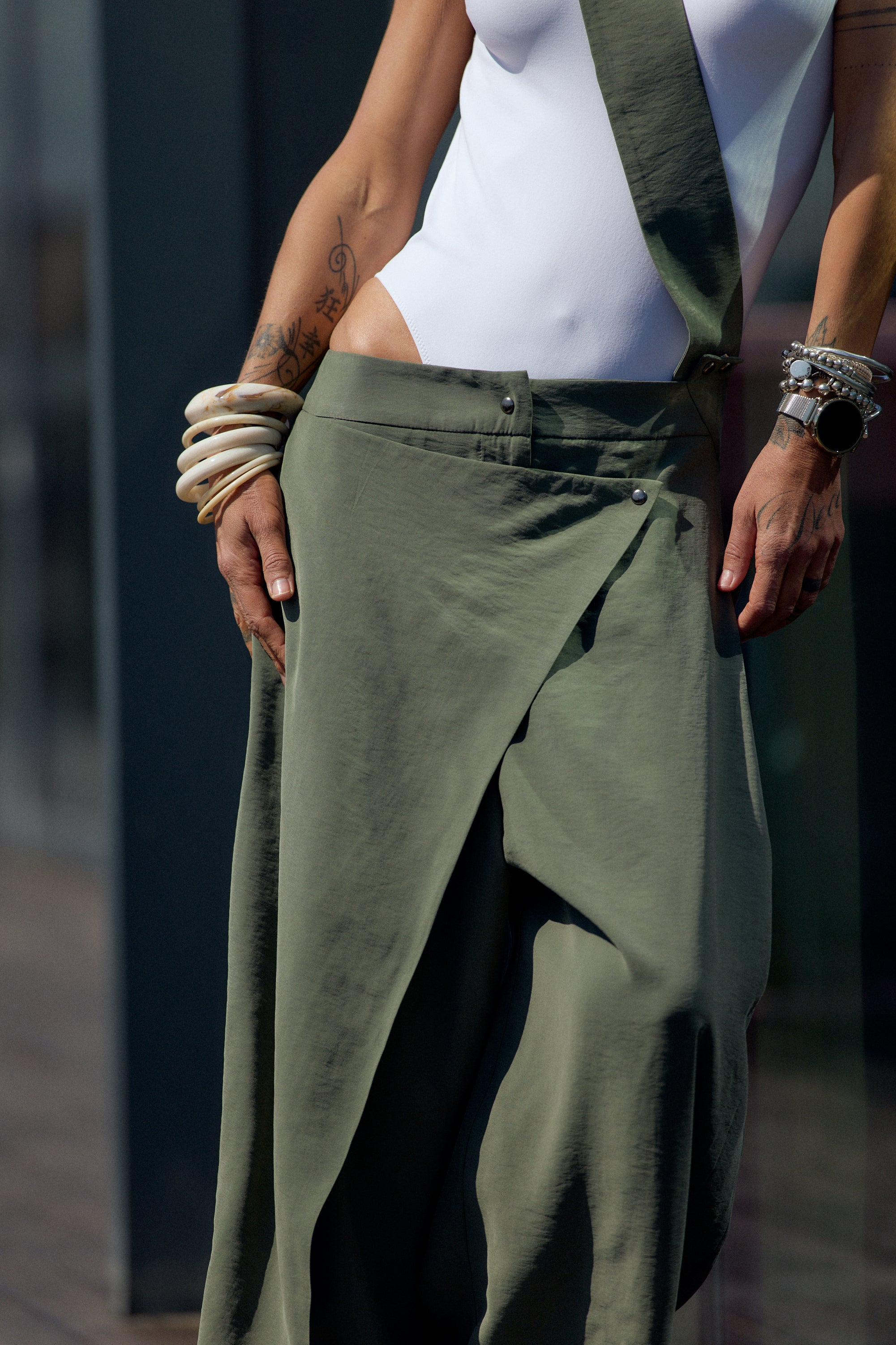 Olive Green Suspender Jumpsuit with Open-Back