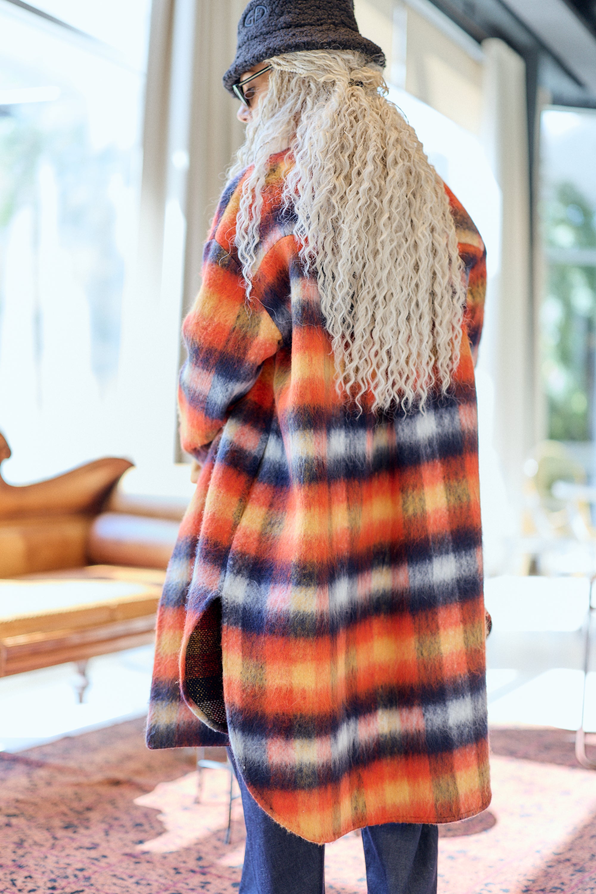 Orange Multicolor Plaid Oversized Long Coat