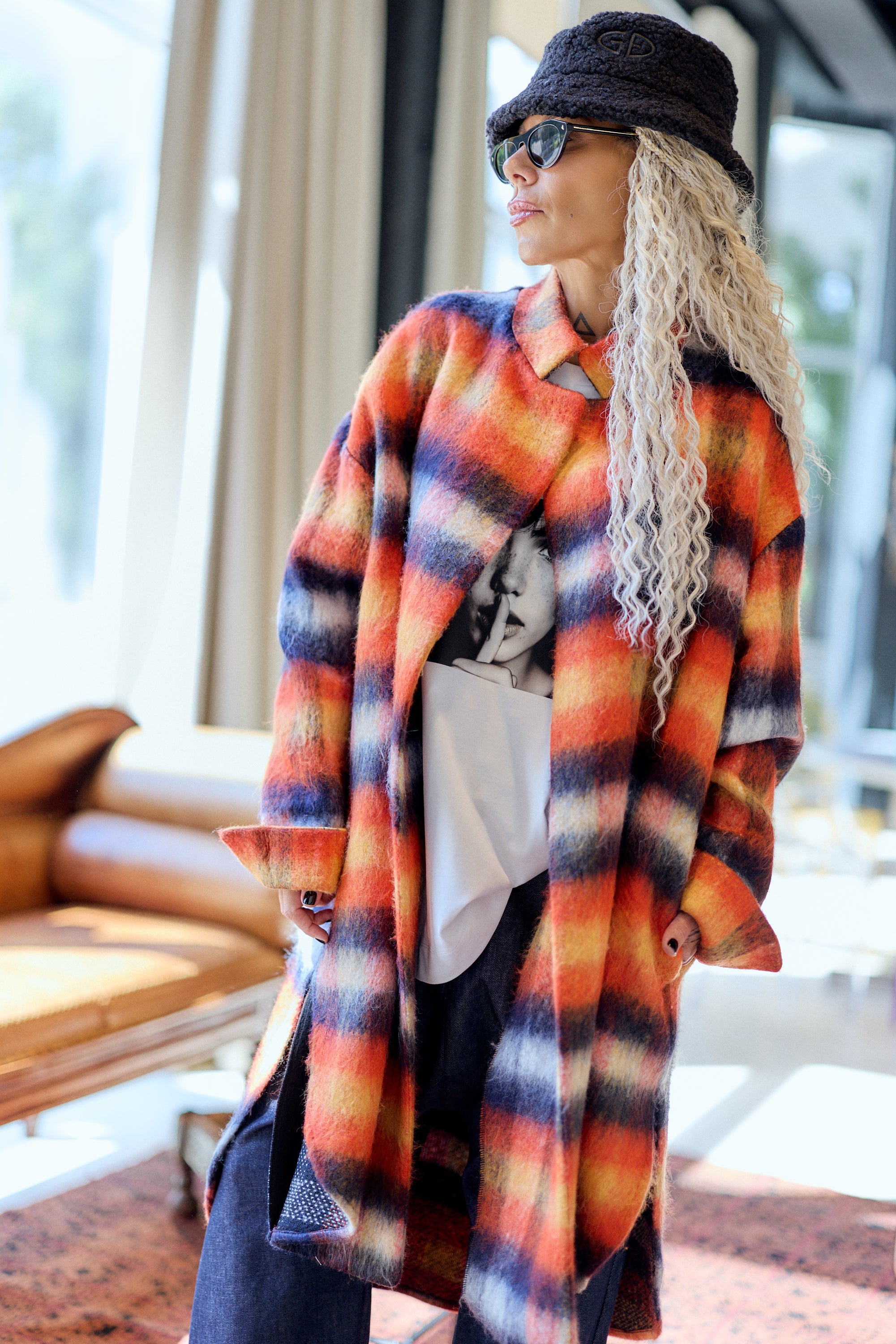 Orange Multicolor Plaid Oversized Long Coat