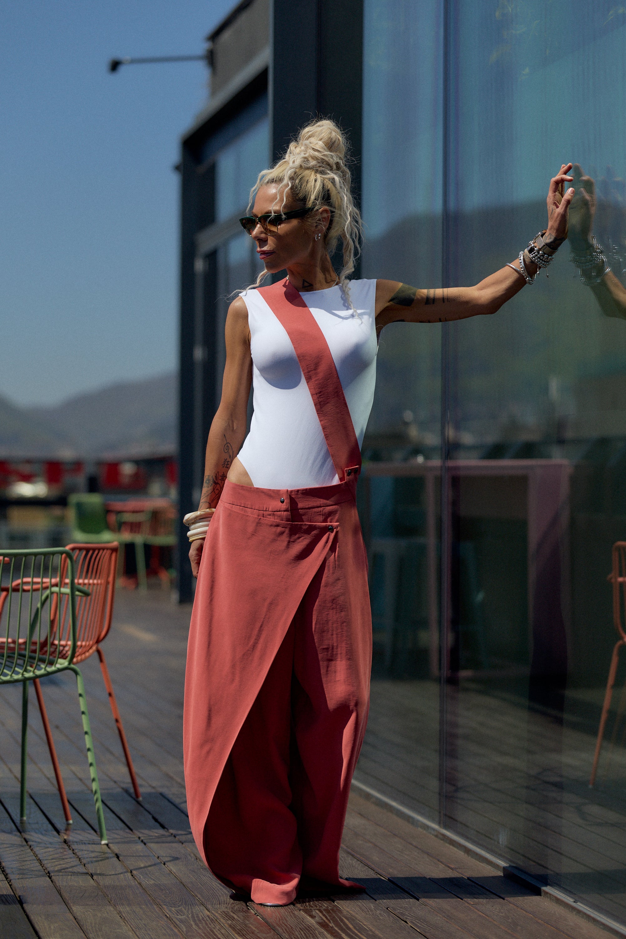 Orange Suspender Jumpsuit with Open-Back