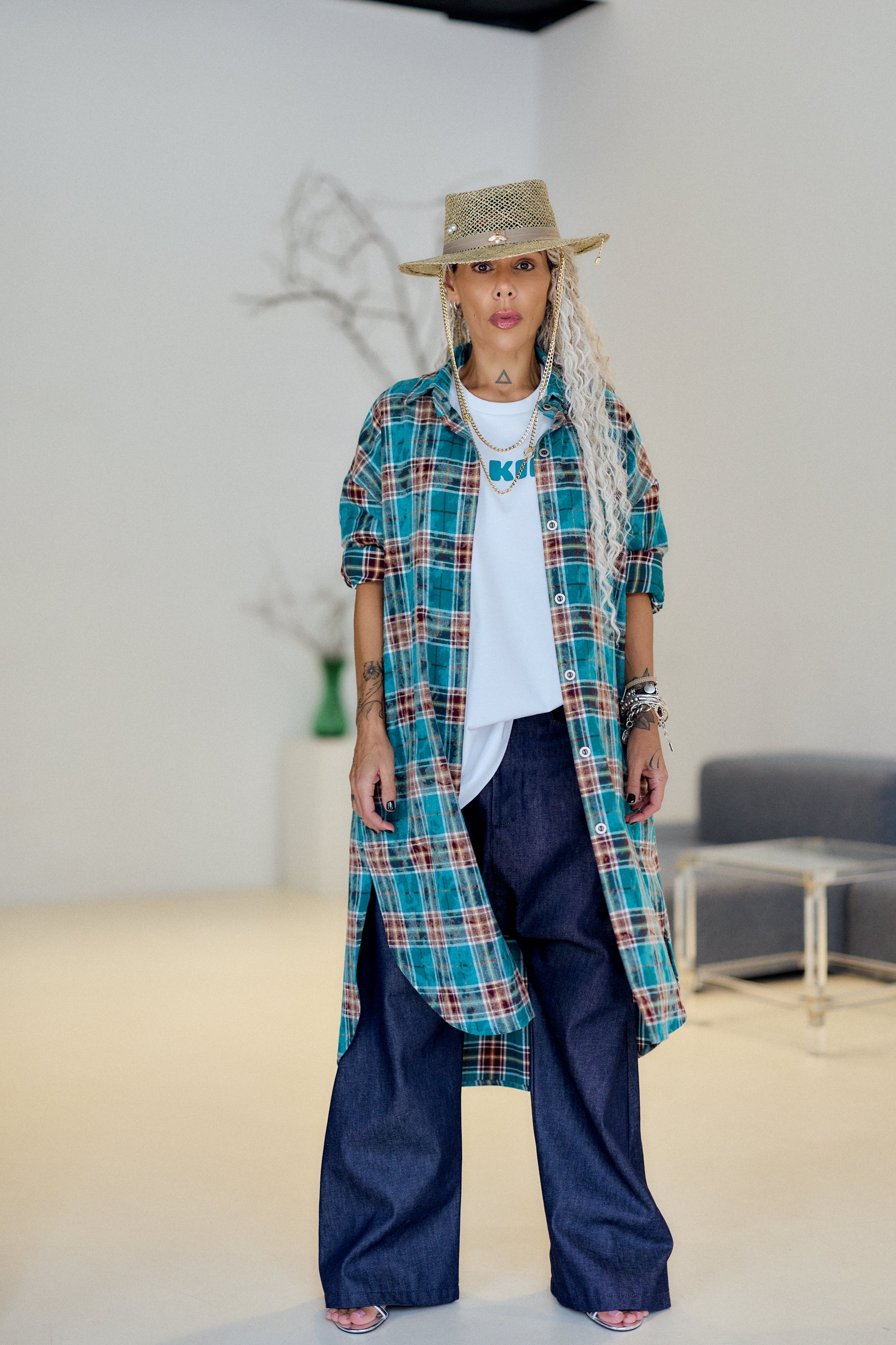 Turquoise Plaid Oversized Longline Shirt