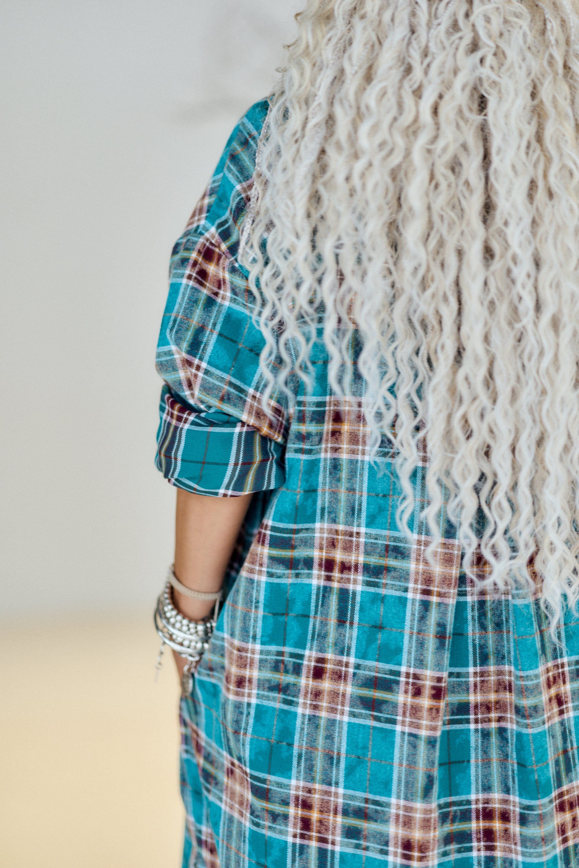 Turquoise Plaid Oversized Longline Shirt