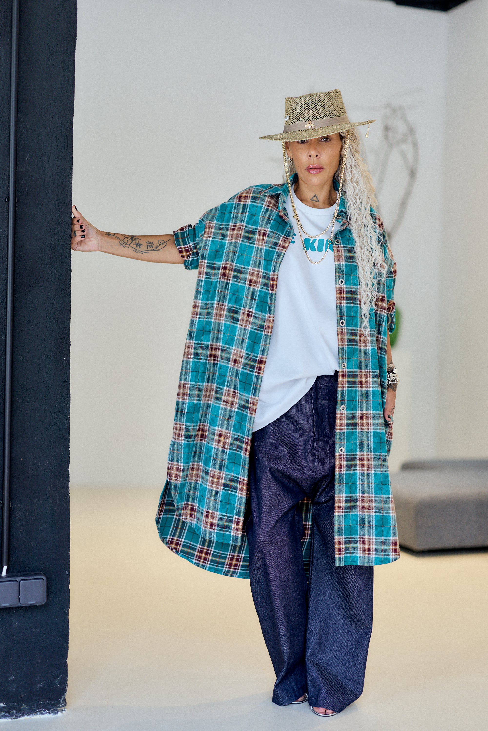 Turquoise Plaid Oversized Longline Shirt