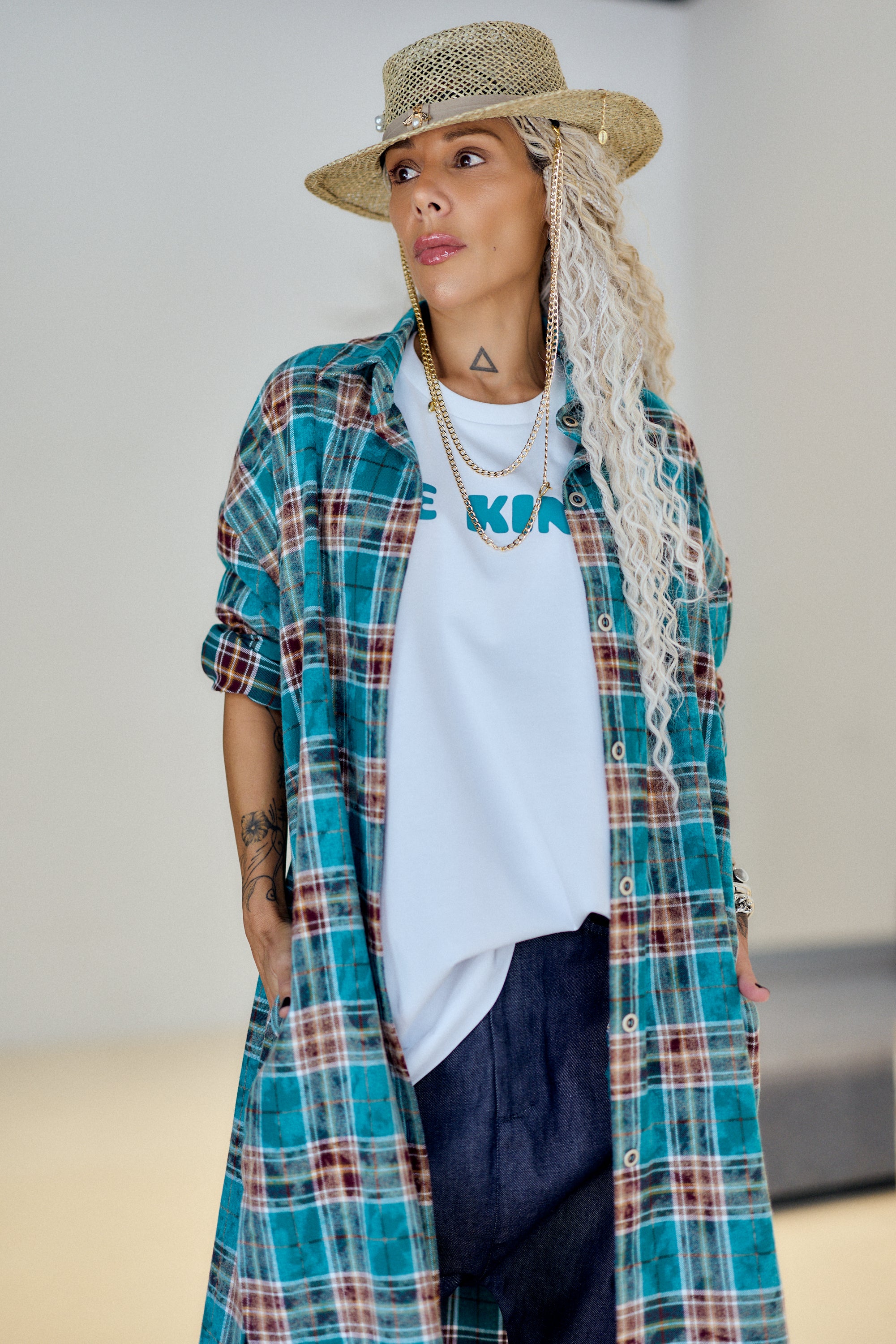 Turquoise Plaid Oversized Longline Shirt