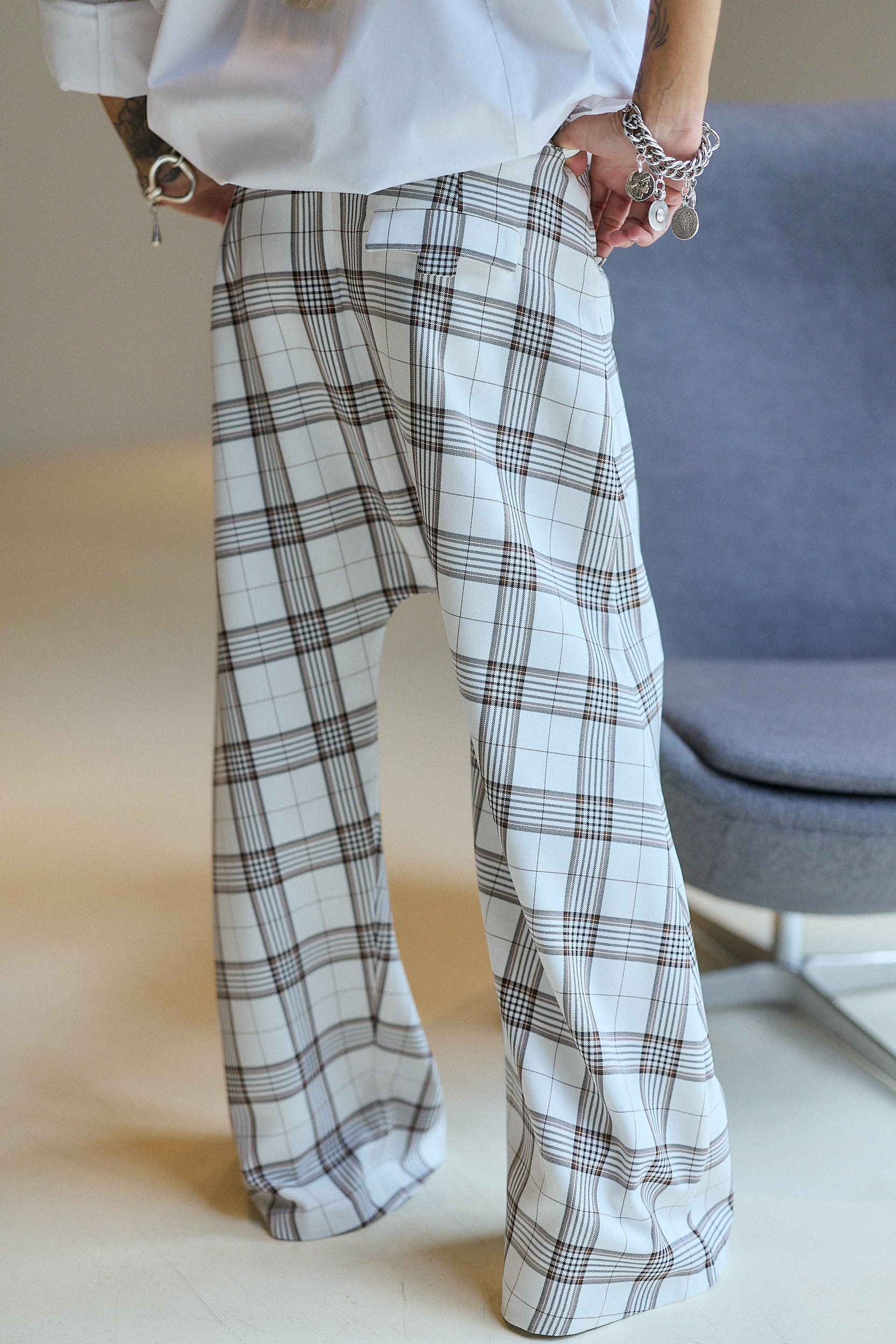 White Plaid Wide-Leg Statement Pants