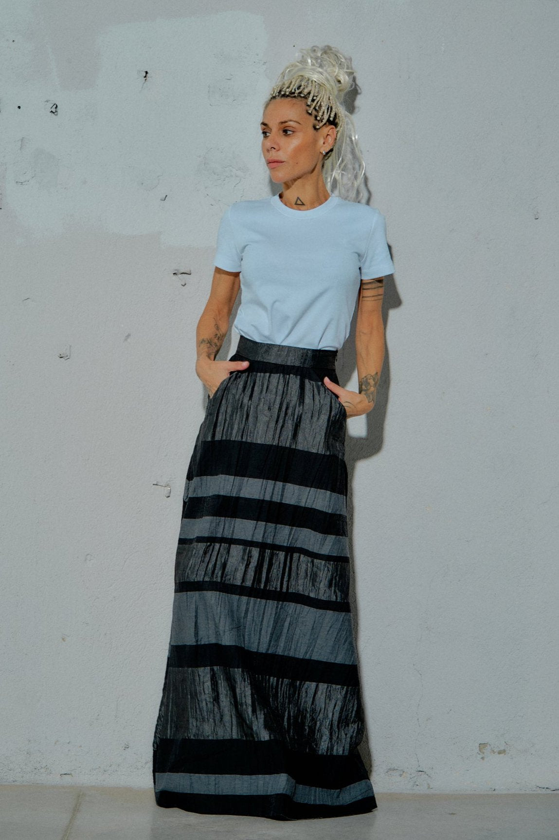 Striped Pleated Maxi Skirt