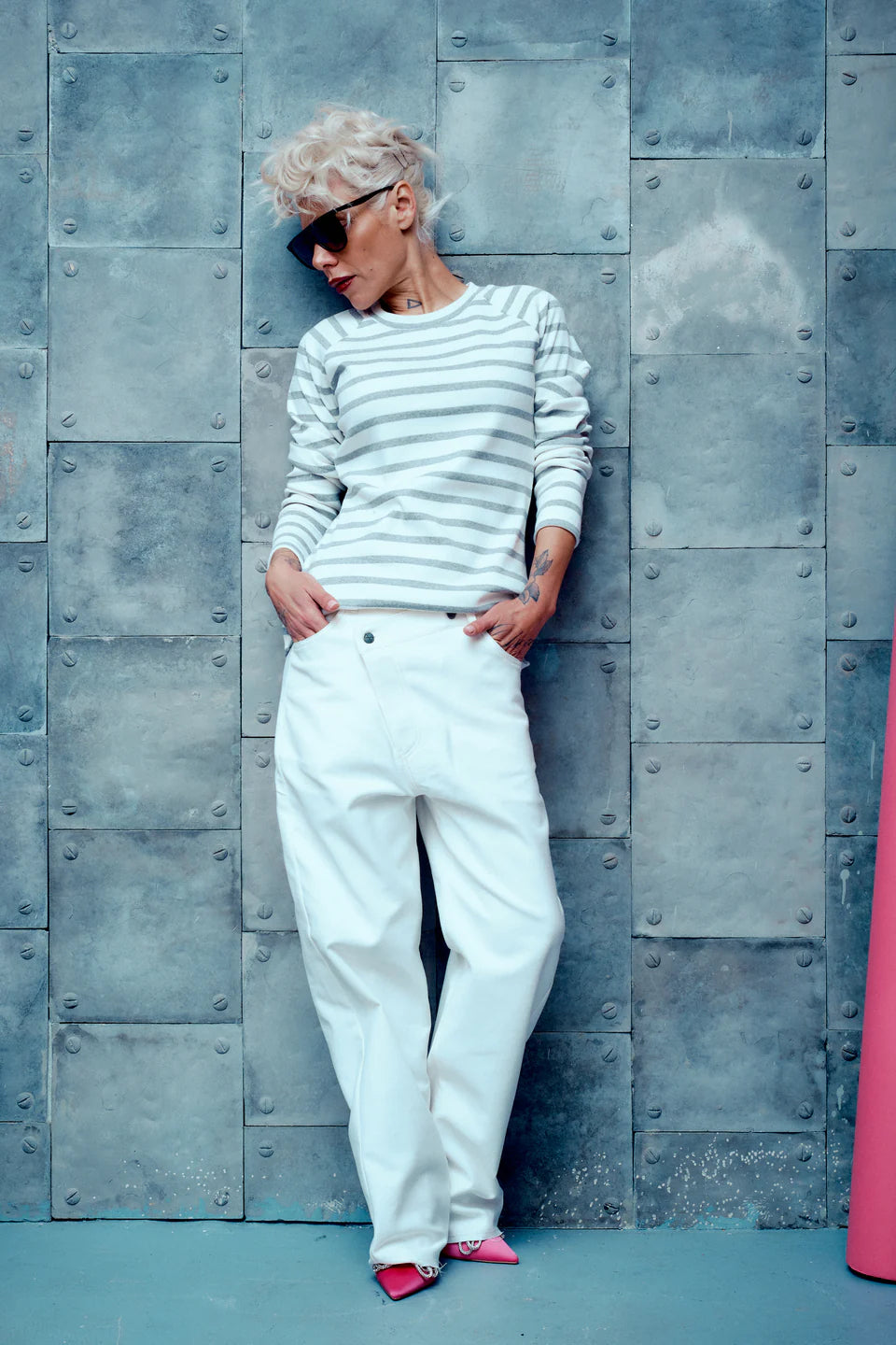 STRIPED SWEATSHIRT CLOSURE WIDE LEG JEANS OUTFIT Clothes By