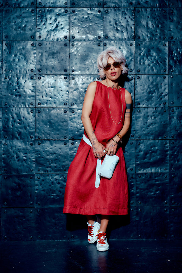 Red Open-Back Linen Dress