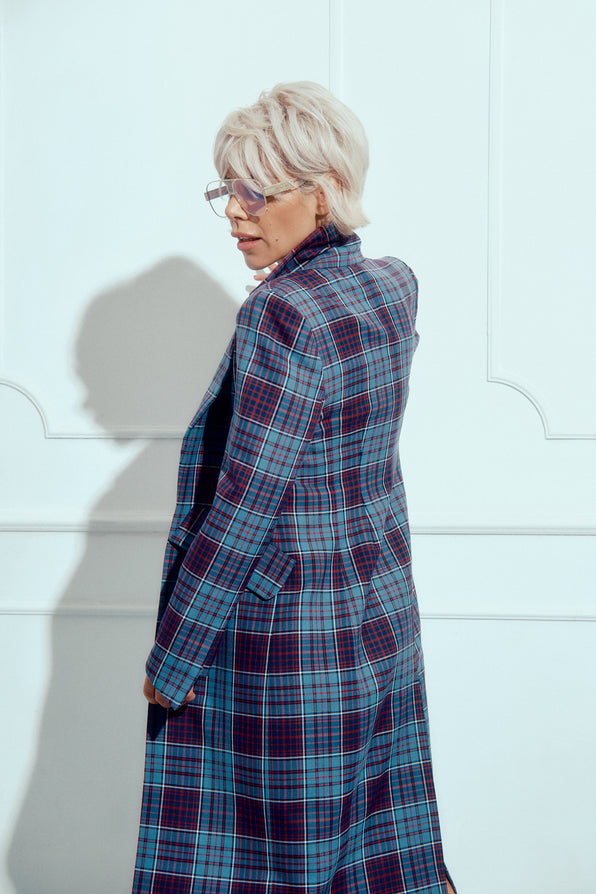 Longline Blazer in Blue Plaid