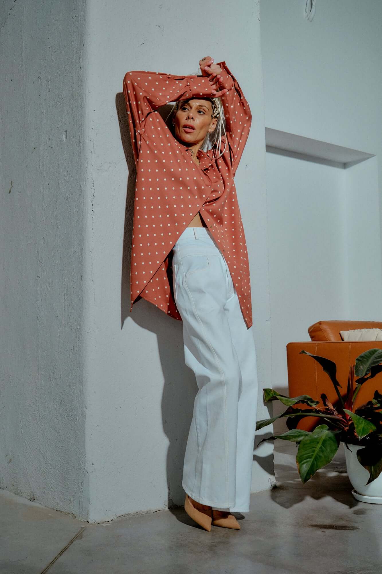 Brown & White Polka-dot Button-Down Shirt