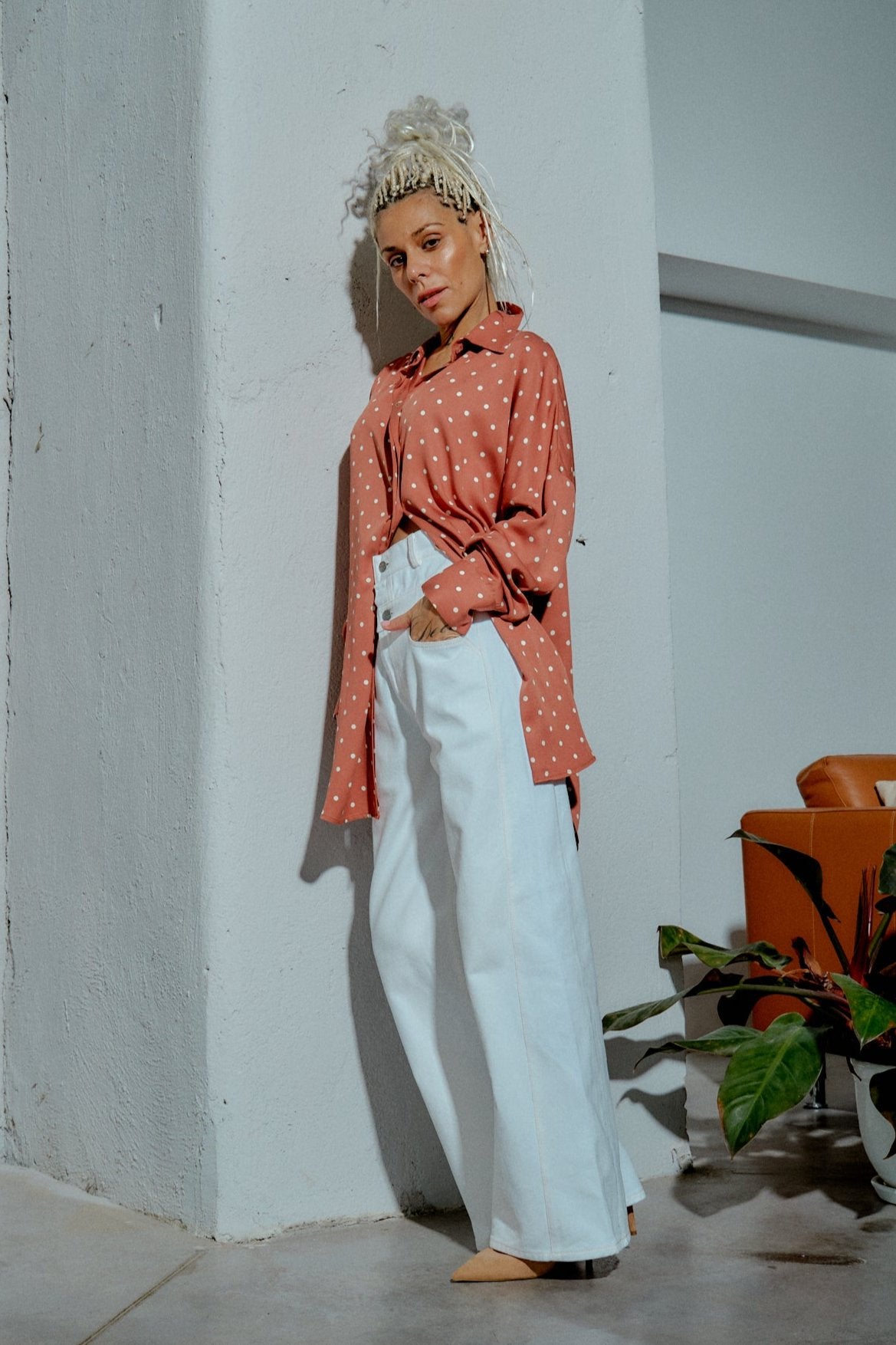 Brown & White Polka-dot Button-Down Shirt