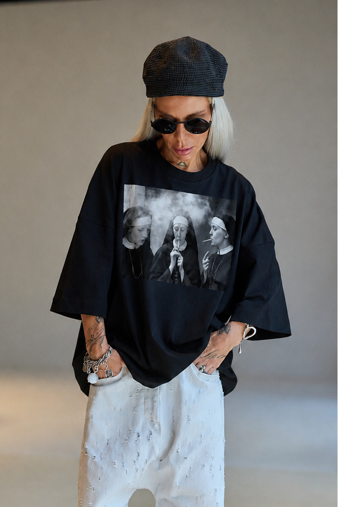 Black Oversized Graphic T-Shirt – "Holy Smoke"