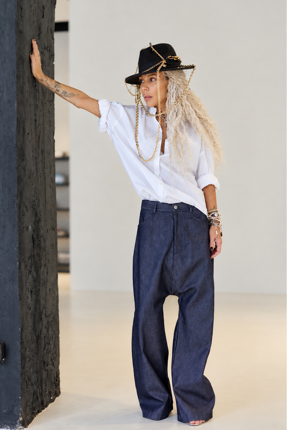 Denim Wide-Leg Drop-Crotch Pants