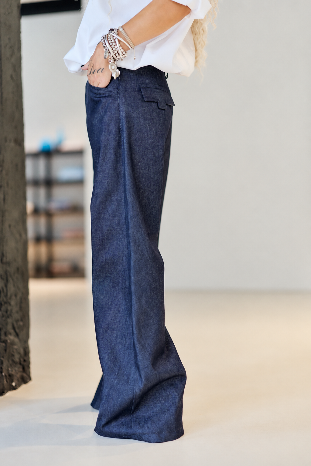 Denim Wide-Leg Drop-Crotch Pants